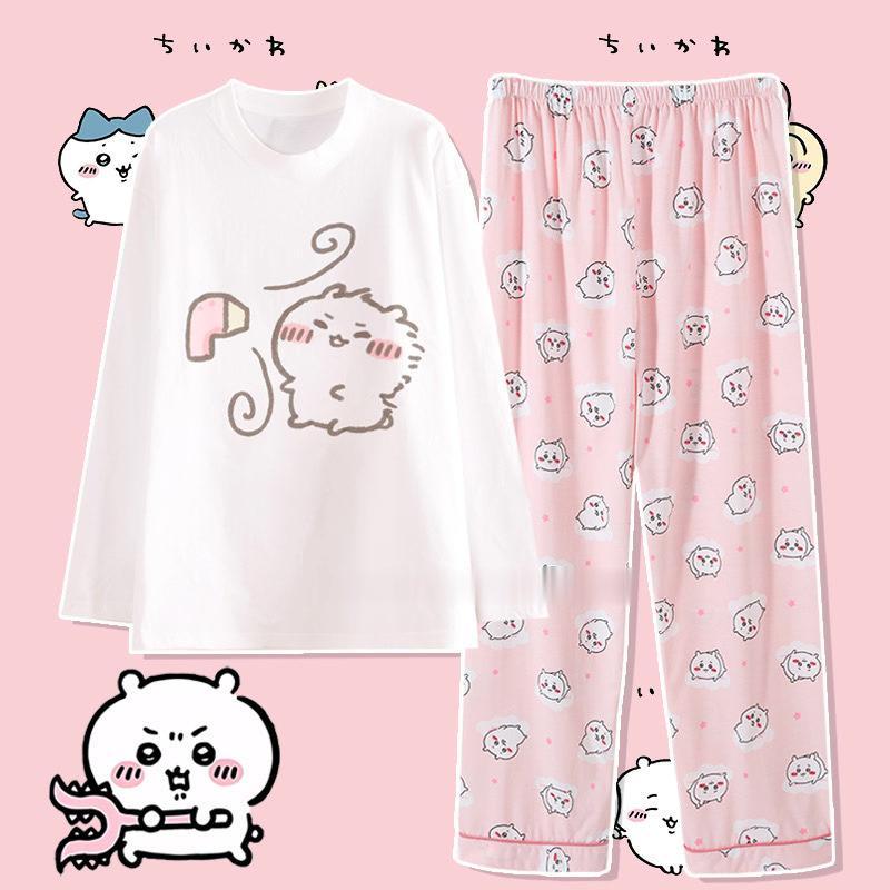 Anime Usag Hachiware Summer thin pajamas round neck Loose long-sleeved shirt and pants Cute cartoon pattern household clothes