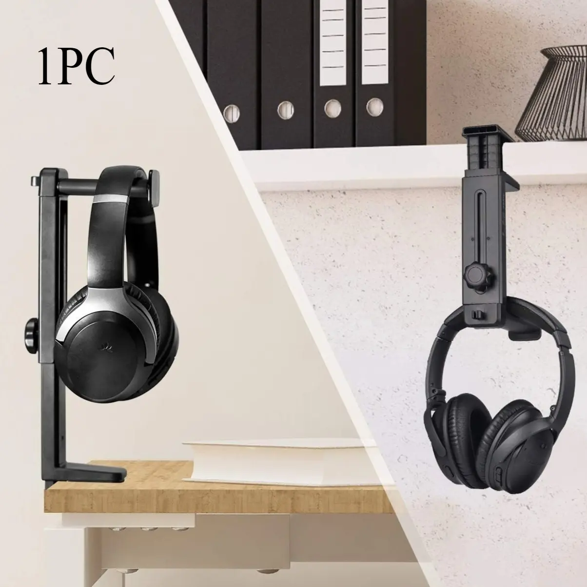 2-in-1 Heavy-Duty Headphone Stand/Hanger Headset Stand with Adjustable Height and Rotating Clamp – Space-Saving Desk Mount with Cable Management
