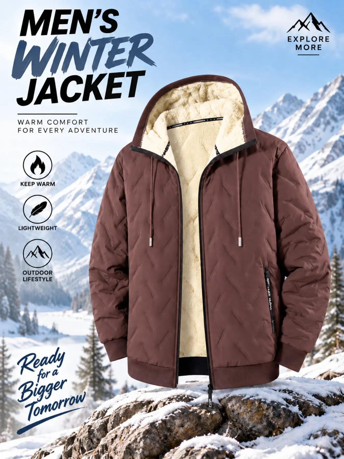 Men's Winter Fleece Lined Hooded Jacket, Thick Sheepskin Inner Warm Cotton Coat, Windproof Casual Zipper Jacket, Outdoor Cold Weather Top