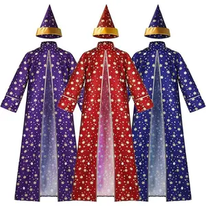 Men Magic Magician Costume with Blue Robe Cloak Hat Star Moon Magician Wizard Cosplay Costume Adult Role Playing Clothing