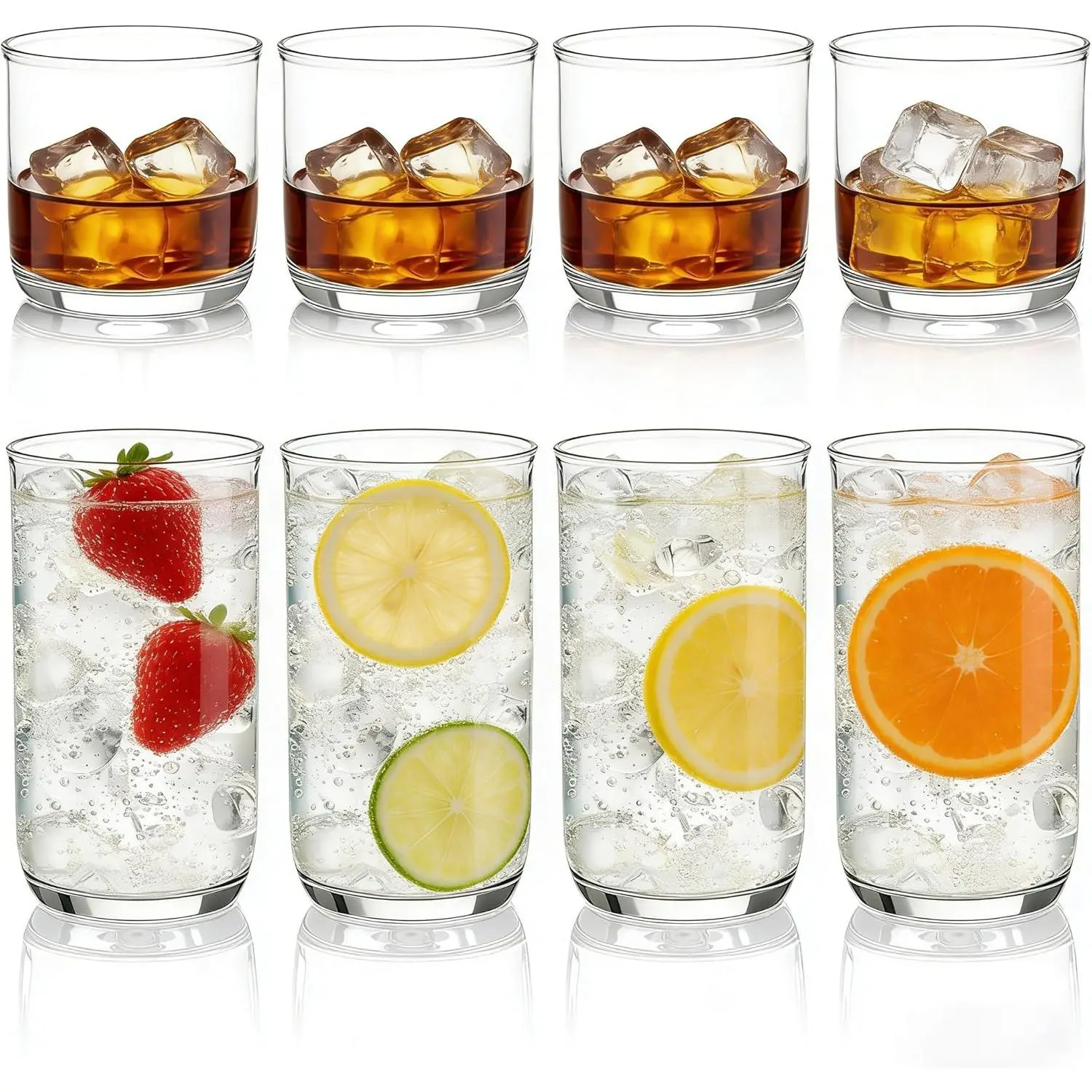 Drinking Glasses Set of 8, PET Clear Plastic Highball Glasses 14oz & Whiskey Cocktail Glasses Set 11.5oz, Heavy Duty Unbreakable Water Glasses Cup Tumbler Glassware for Beer, Juice, Milk
