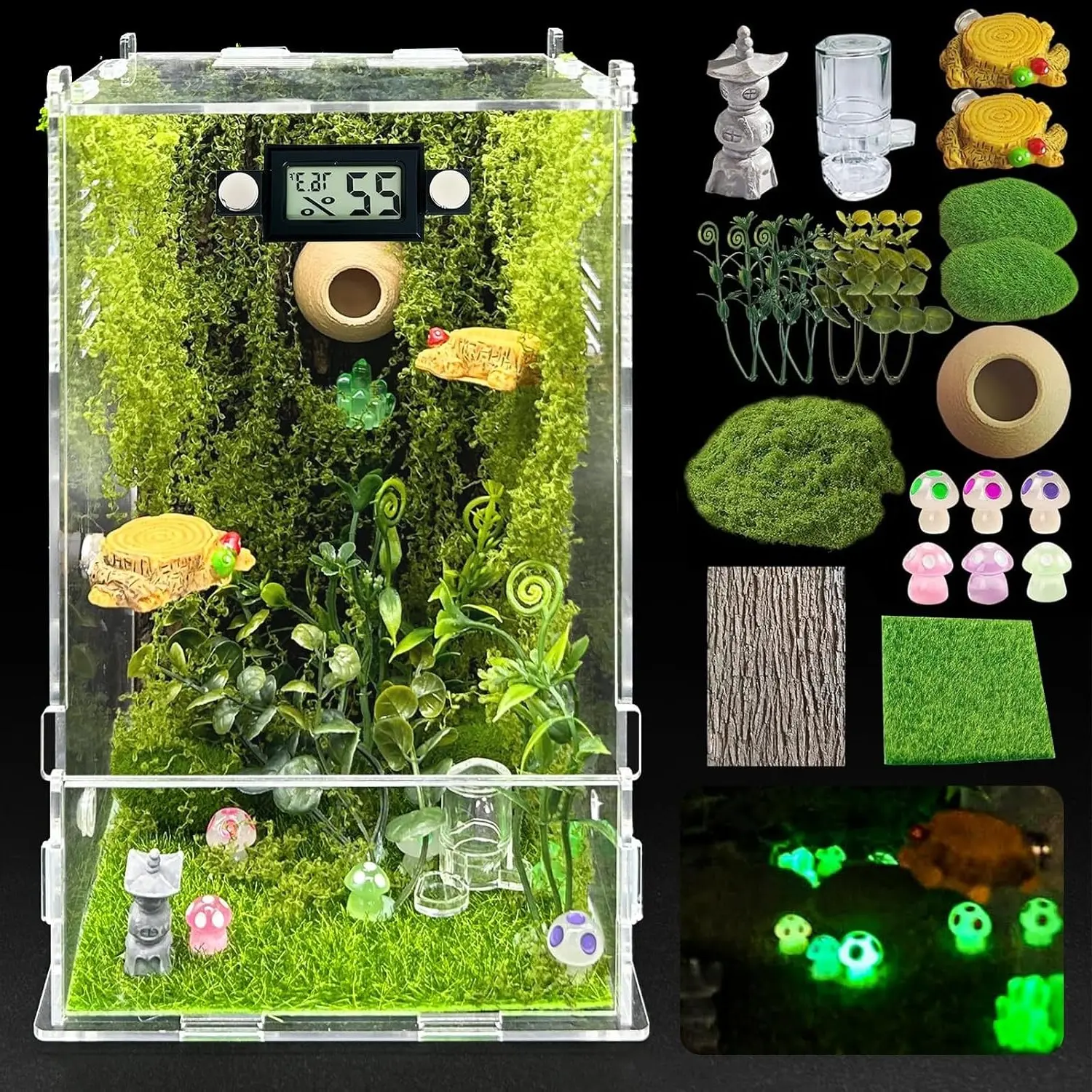 Jumping Spider Enclosure, DIY Insect Habitat, Small Reptile Terrarium Glass House Accessories Set with Temperature and Humidity Detector, Water Feeder Platform Hide, 5.5" x 5.5" x 9.5" (Forest)Gift