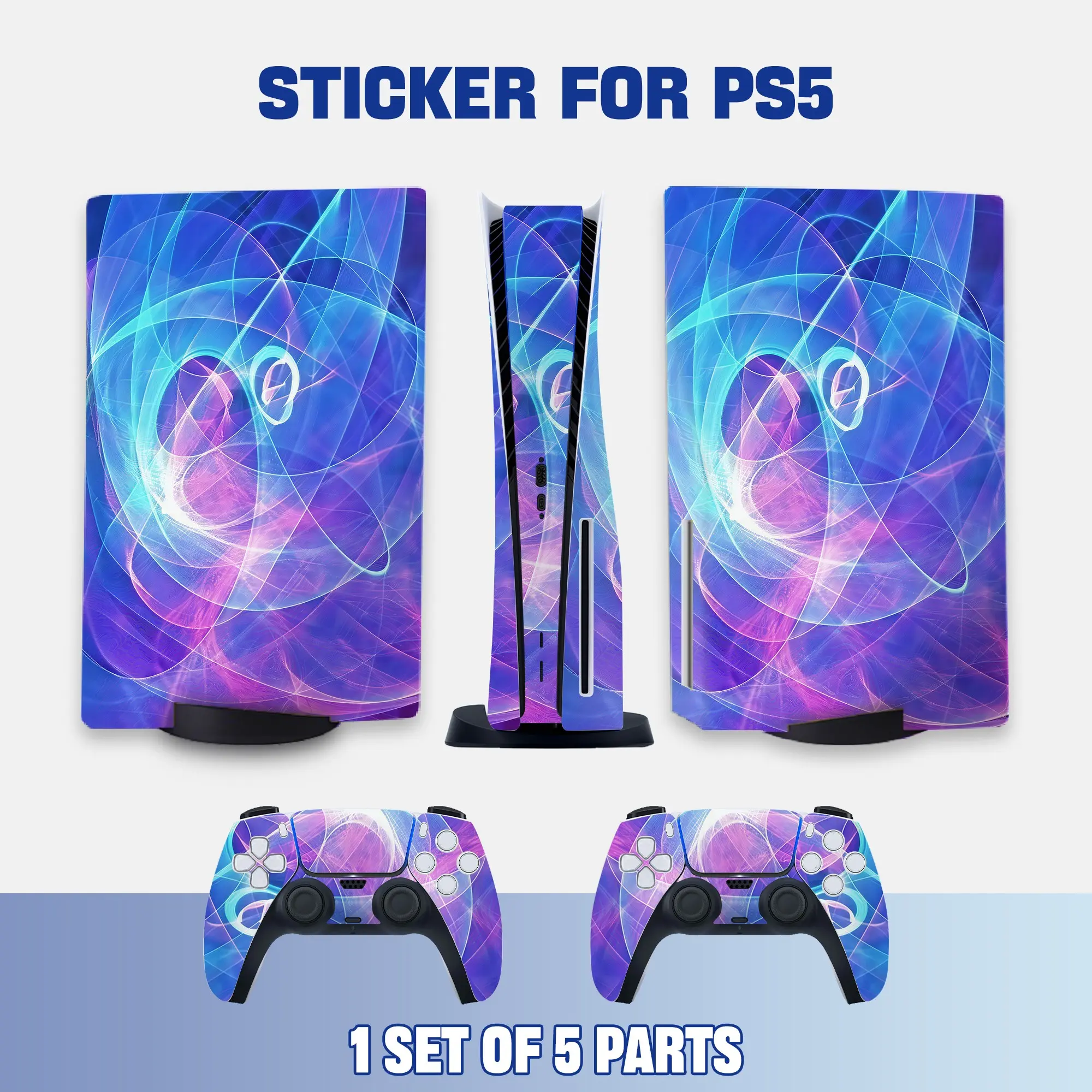Blue & Purple Neon Abstract PS5 Disc Edition Vinyl Skin Sticker for Console & Controllers, Waterproof, Scratch-Resistant, Dustproof, Removable & No Residue