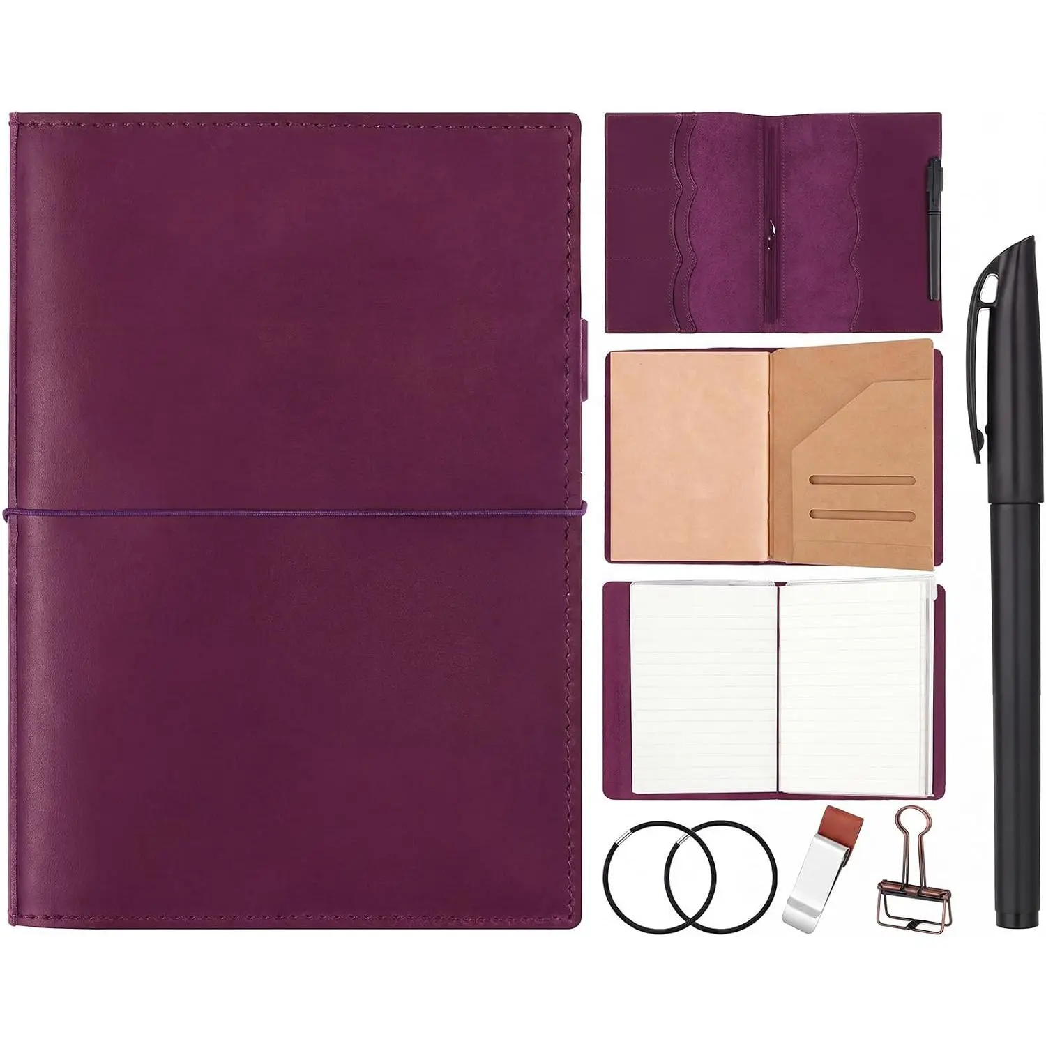 Dark Leather A5 Travelers Journal Notebook Cover - with Inner Pockets, Card Slots, Pen Holder, Includes Insert, PVC Folder, Binder Clip, Elastic Bands (Office Desk Organizer Accessory for Men)