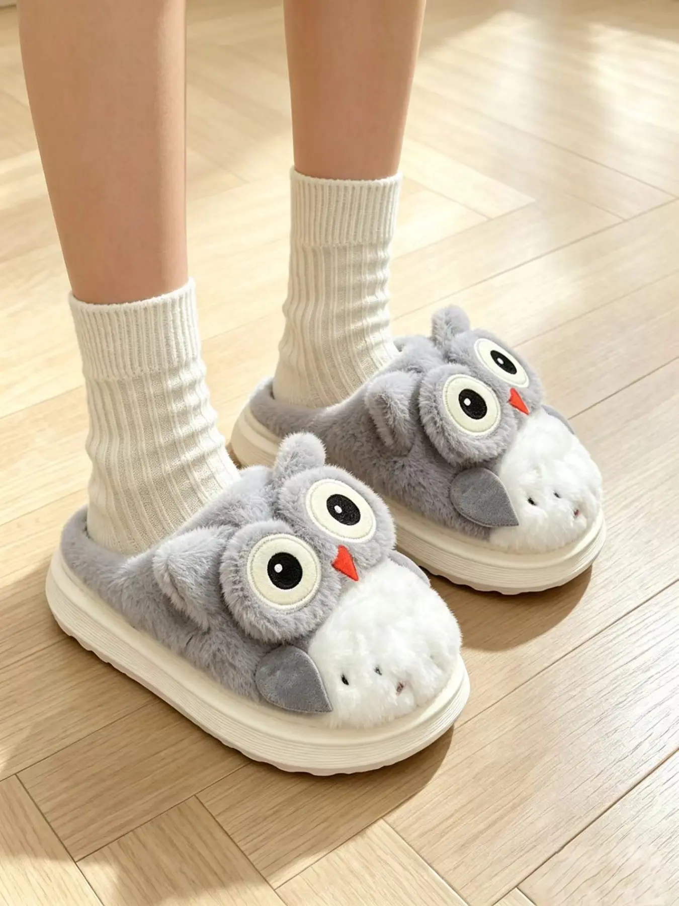Cute Owl Design Plush Cotton Slippers for Women, Thick Sole Anti-Slip Home & Outdoor Shoes, Multiple Colors Available, Fall Winter Footwear