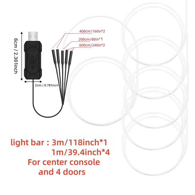 Car Interior LED Ambient Light, USB Environment Light Kit, Music Mode Neon Strip Light for 4 Car Doors & Center Console Decoration