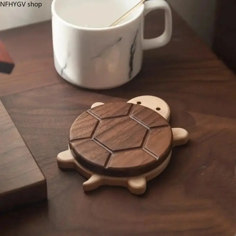 Wooden Turtle Shaped Coaster Made With Premium Heat-Resistant Wood Material, Built-In Magnetic Design To Keep Cup Mat Attached Neatly, Lovely Animal Table Protector Accessory For Household Dining Surfaces And Office Desk Daily Use