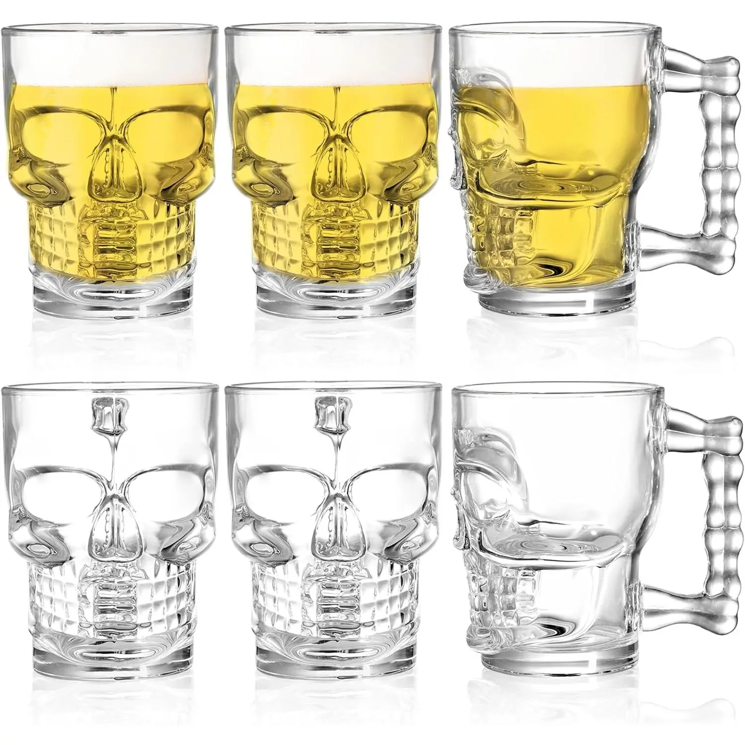 6 Pack 17 Oz Skull Glass  Mug with Handle, Father's Day  Heavy Base Drinking  Glasses, Clear Funny  Stein Cup for , , Juice, Bar, Halloween Decorations Gifts