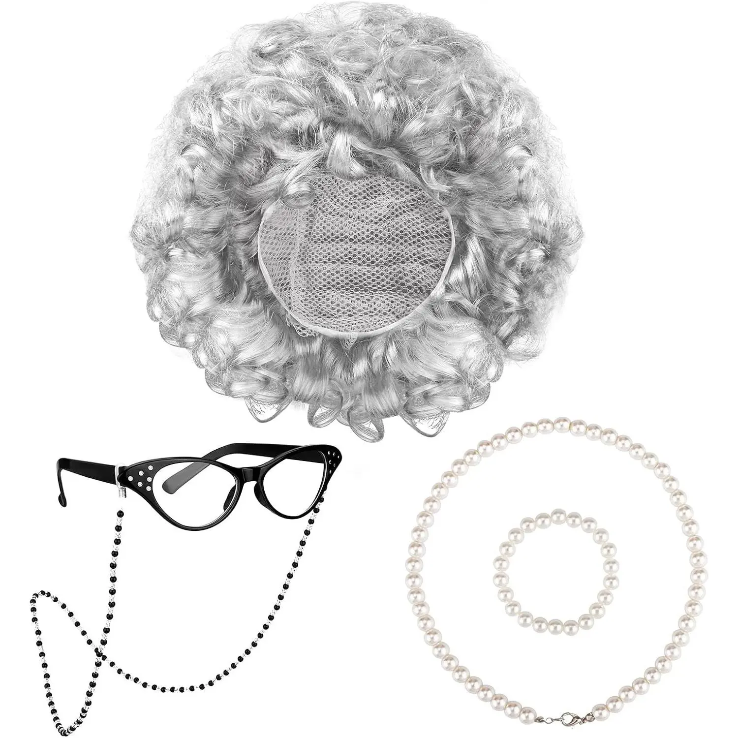 5 Pieces Halloween Old Lady Costume Set with Grandma Wig, Hair Rollers, Glasses, Chain Necklace & Bracelet(Gift)