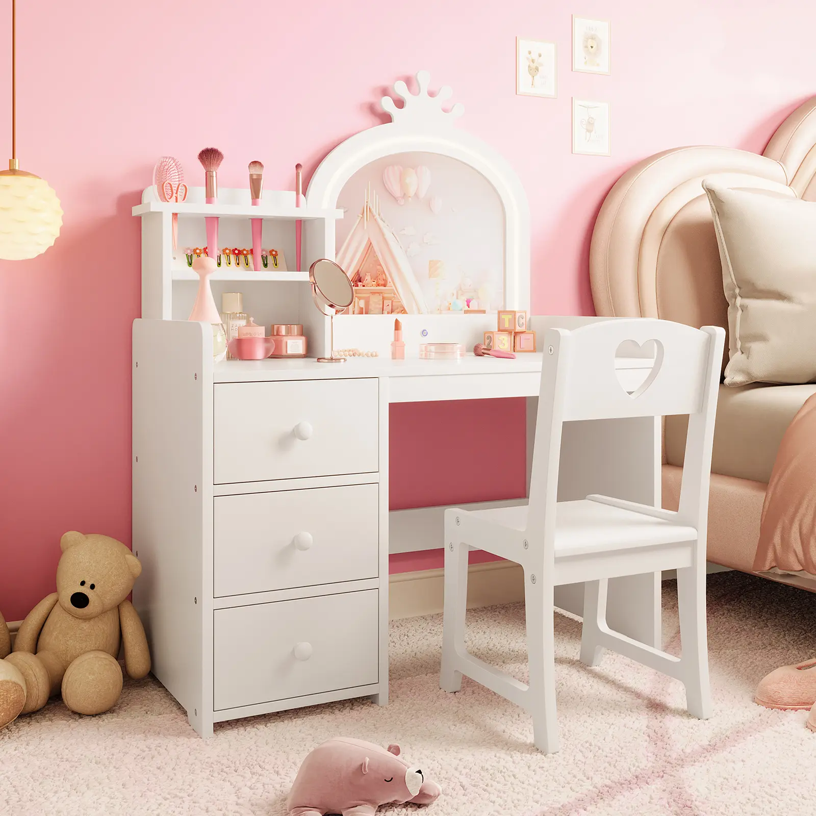 Vanity Desk with Mirror and Lights, Pink Princess Wooden Makeup Vanity with Chair, Storage Shelves and Drawers, 2-in-1 Girls Dressing Table for Toddler Bedroom Playroom