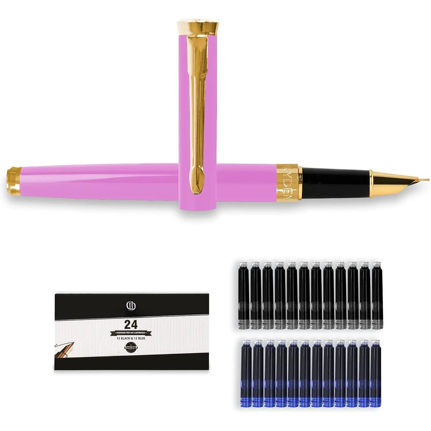 Fine Nib Fountain Pen - Includes 24 Ink Cartridges - 12 Black and 12 Blue -  - Smooth Elegant Writing with Fine Nib and Ink Converters