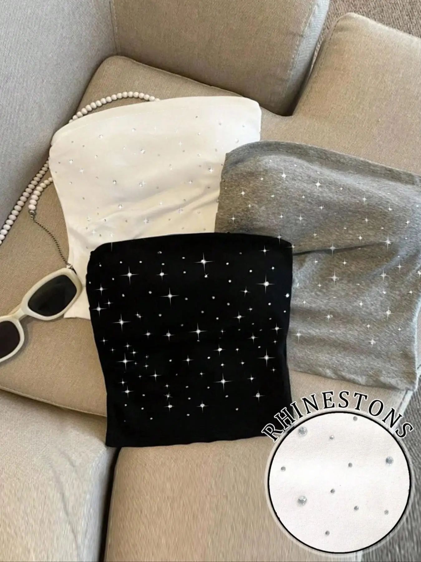 Women's 3-Piece Fashionable Casual Daily Comfort Soft Skin Design Rhinestone Fitted Tank Top Set, Sleeveless Backless Vest, Versatile Inner and Outer Wear Backless Tank Tops
