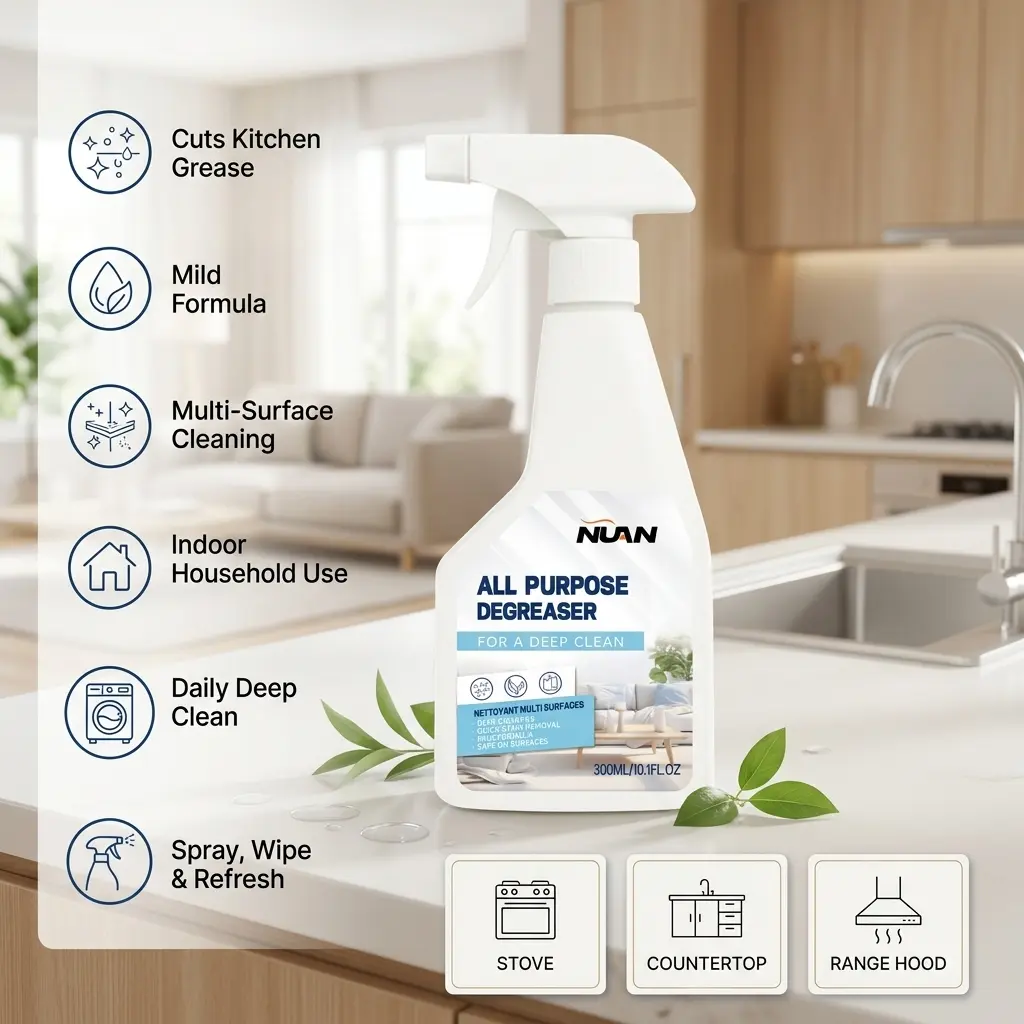 NUAN Powerful Multi-Purpose Degreaser - Cleaning Products, Household Indoor Cleaning Products, Effectively Removes Grease from Stovetops, Range Hoods, and Other Kitchen Surfaces, Deep Cleaning, Degreaser Spray, Powerful Cleaner
