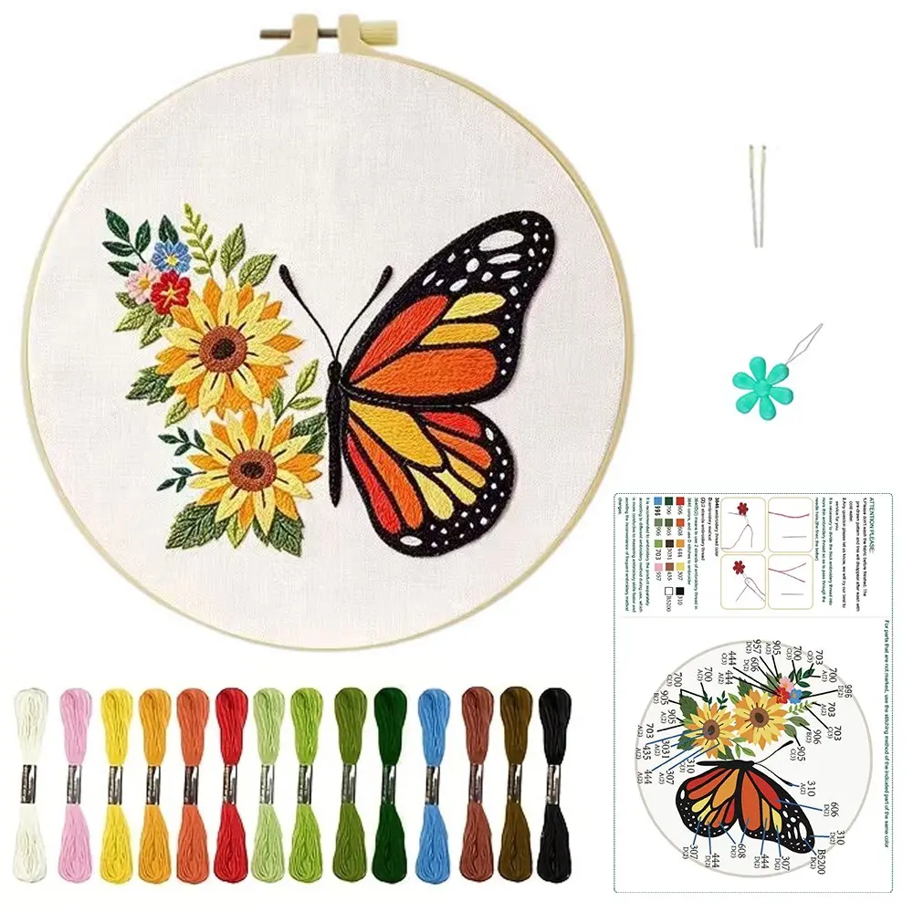 Butterfly and Sunflower Themed DIY Embroidery Kit, Beginner-Friendly Sewing Art Set, Includes Fabric, Thread, Tools, Instructions