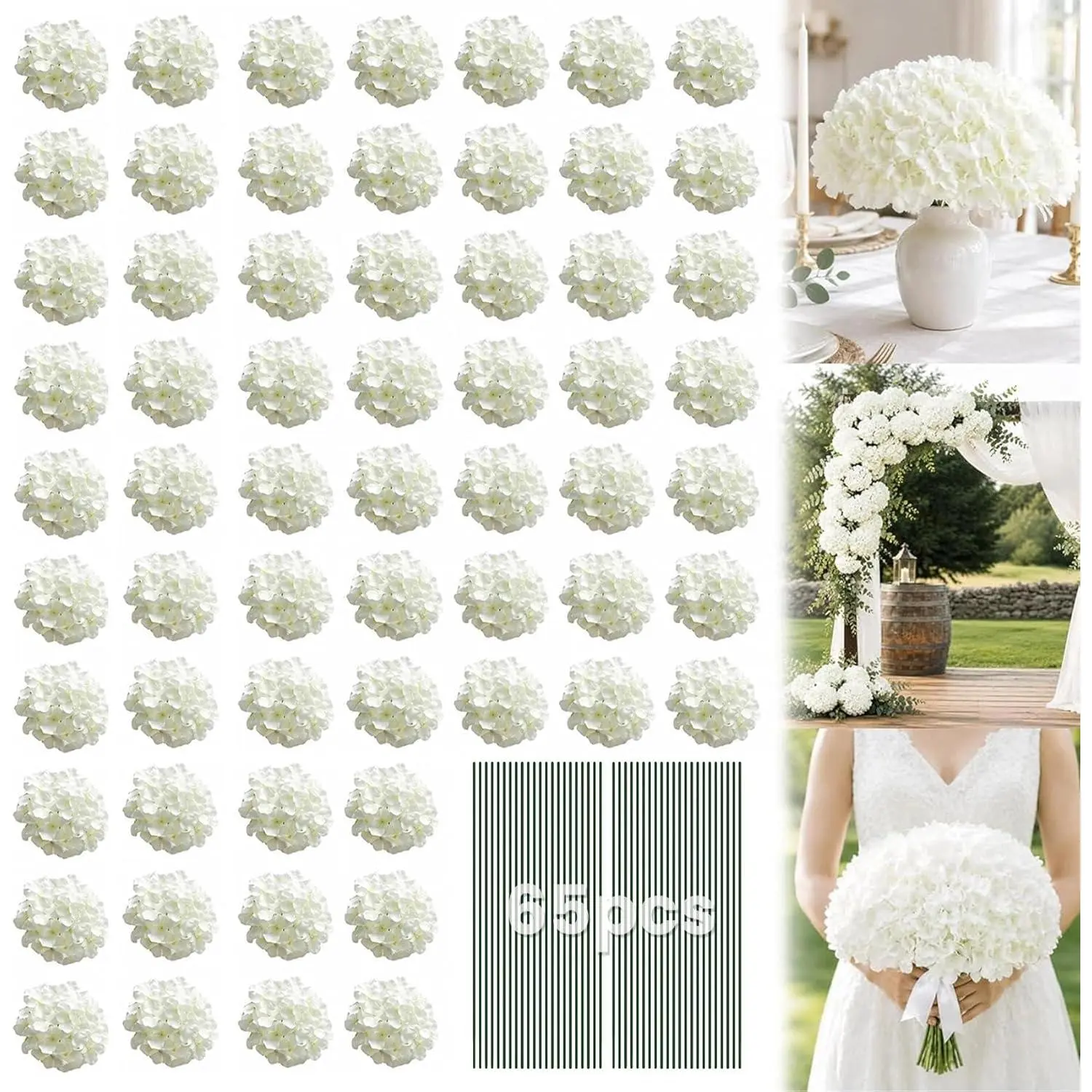 White Hydrangea Artificial Flowers Bulk, 65Pcs Faux Hydrangea Flowers, Silk Hydrangea Flowers with Detachable Stems for Wedding Centerpieces, Home Decor and Party Decorations