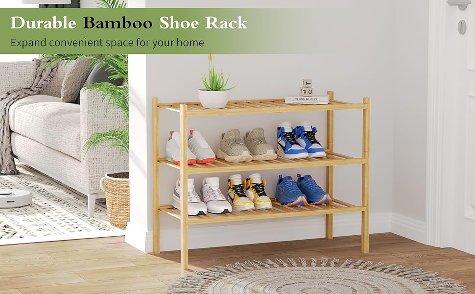 3 Tier Bamboo Shoe Rack for Closet Free Standing Wood Shoe Shelf Storage Organizer for Entryway Small Space Stackable 27"x11"x20" (Natural)