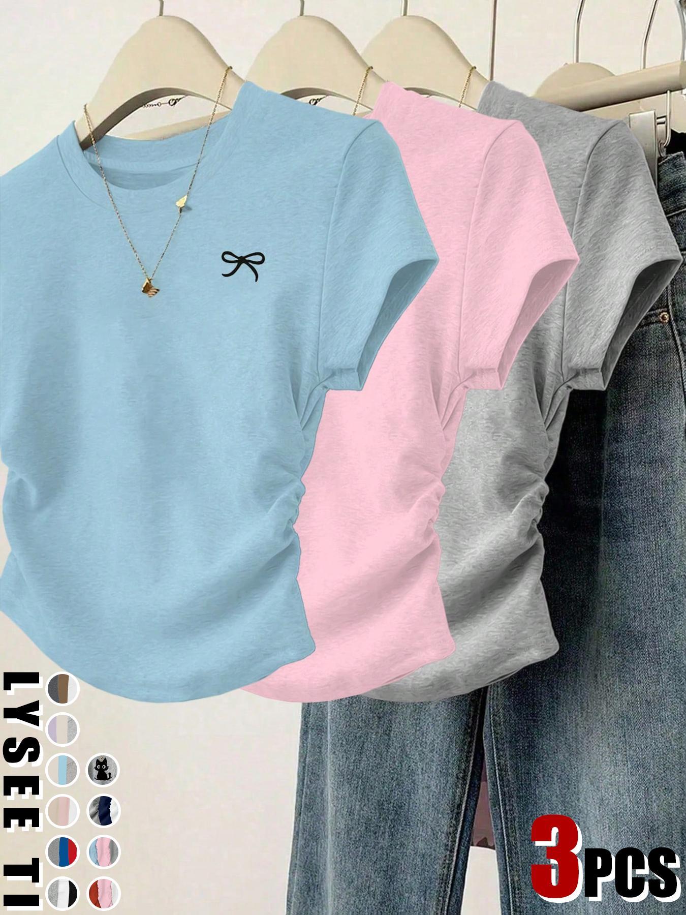 3pcs women's casual fashion slim fit small bow Butterfly print details simple solid color pleated pullover shirt women's round neck short sleeved three piece T-shirt