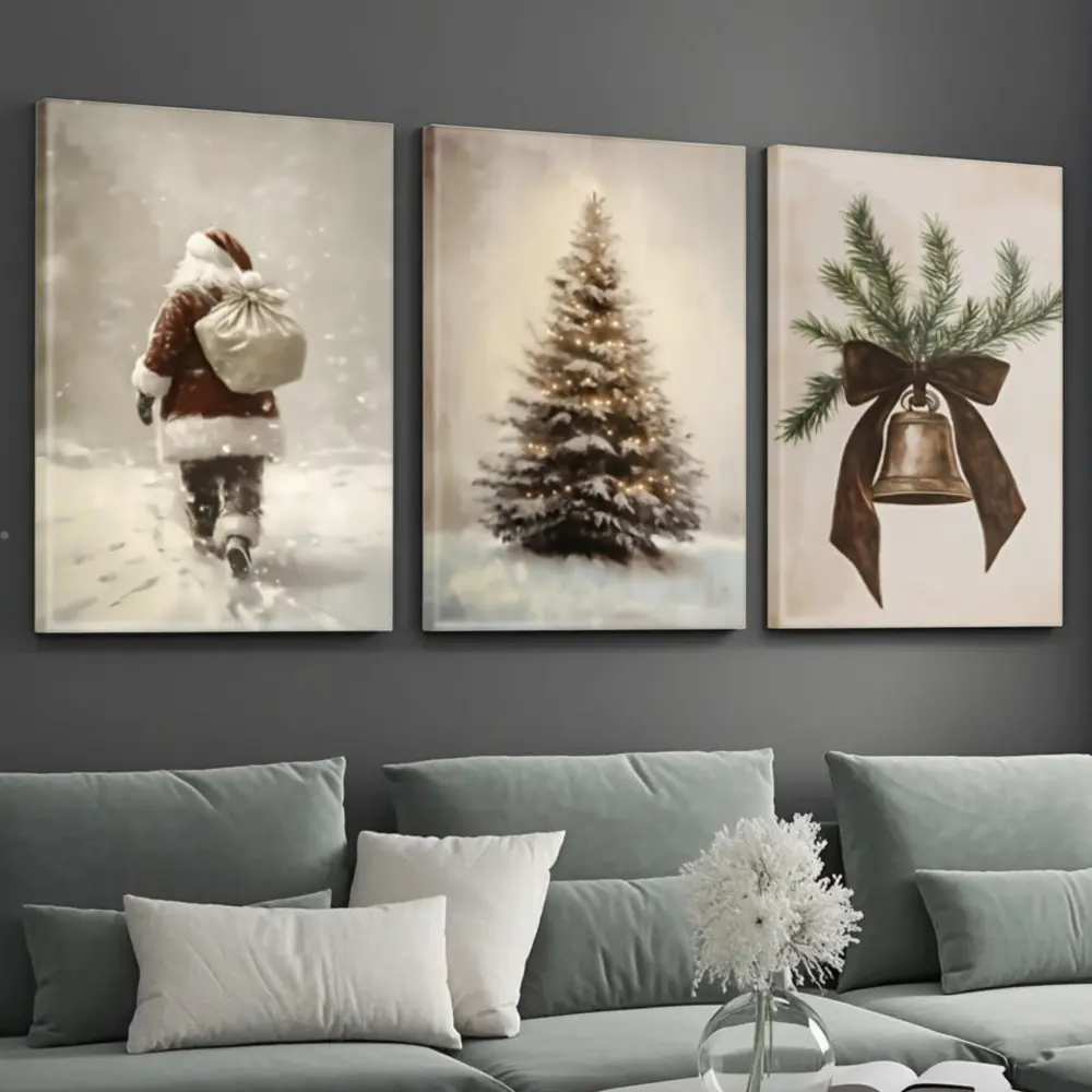Nordic Christmas Wall Art, Canvas Print Set, Santa Claus Snowy Tree Bell Design, High Definition Giclee Printing, Living Room Sofa Decoration, 3 Piece Framed Panel