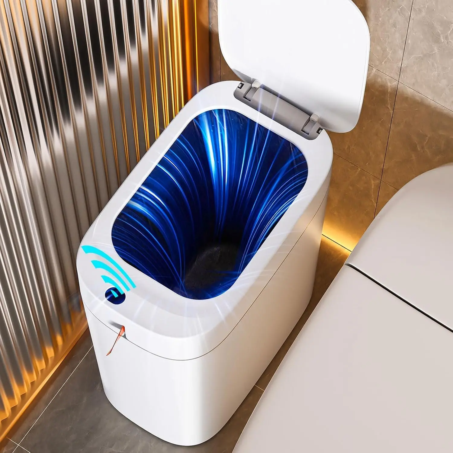Bathroom Trash Can with Lid, Automatic Motion Sensor Trash Can, 3.5 Gallon Garbage Can, Type-C Rechargeable, Bag-Holding Design, One-Pull Auto Packing, Quiet-Close Hinge for Bedroom, Office