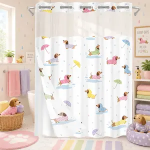 1Pc Hookless Double Layer Shower Curtain, Raincoat Dachshund Umbrella Raindrop Print, Waterproof Mildew Resistant Fabric, Healing Fresh Bathroom Decor, Removable Snap-in Liner Accessory, Top See-Through Window, Divider Curtain, 71×74 Inch