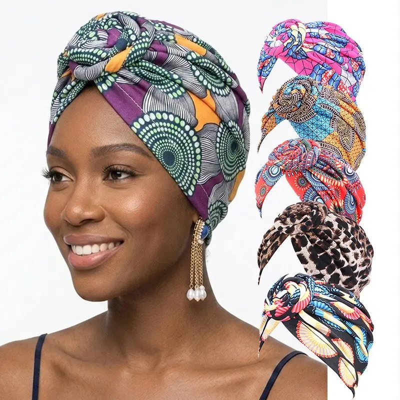 Women's African Ankara Print Turban, Vintage Geometric Twist Knot Pre-Tied Wrap - Soft Stretch Chemo Hair Cover for Female Wear, Multiple Prints, Soft Knit