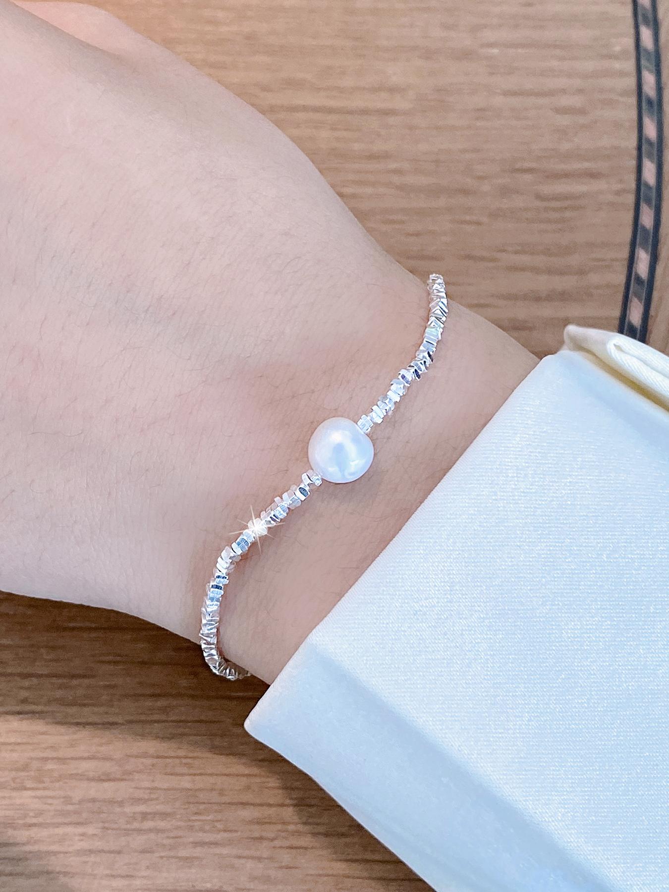 S925 Sterling Silver Faux Pearl Decorated Bracelet, Fashion Jewelry for Party, Daily Clothing Decor, Trendy All-match & Exquisite Jewelry for Birthday Gift
