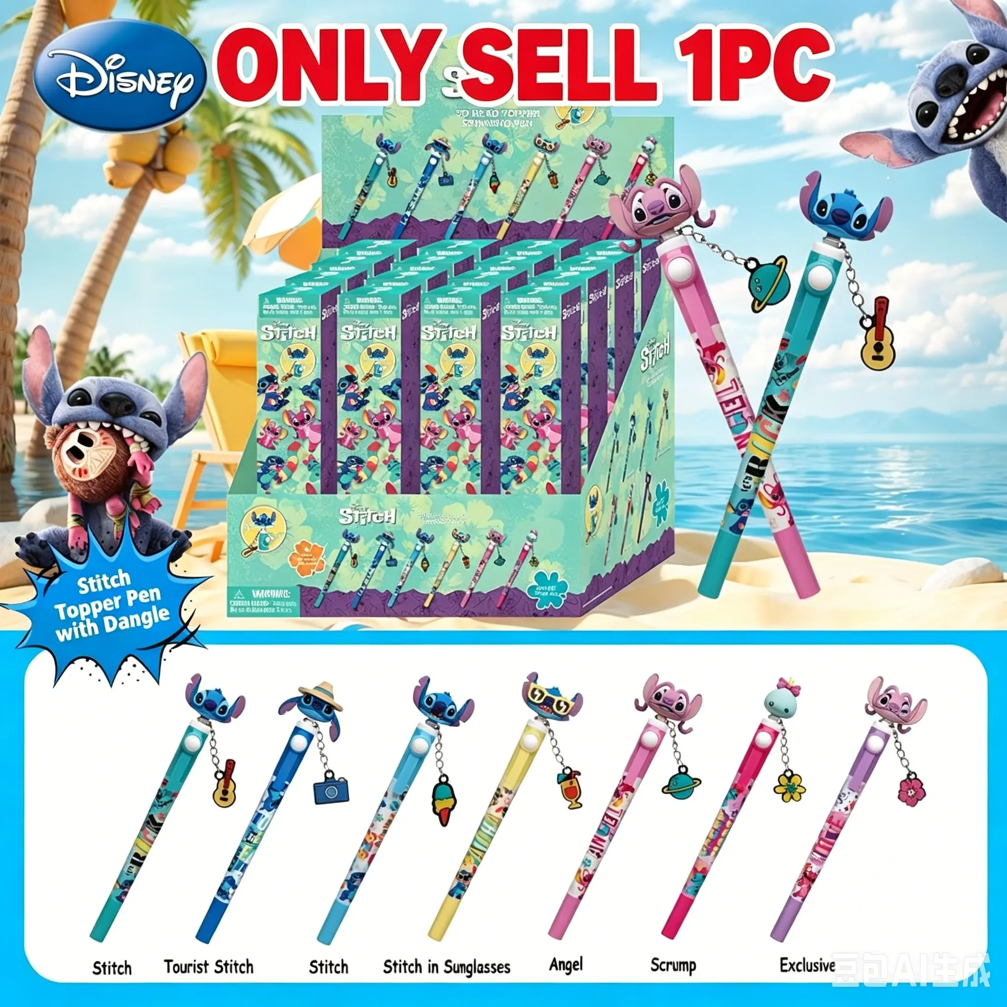 1 Pc Disney Officially Licensed Stitch Angel Scrump Mystery Blind Box Pen, Top-Rotating Decorative Pen with Seven Cute Styles, Quick-Drying Smooth-Writing Unique Pen for Birthday and Christmas Friend Gifts, Cute Aesthetic Journal Pen