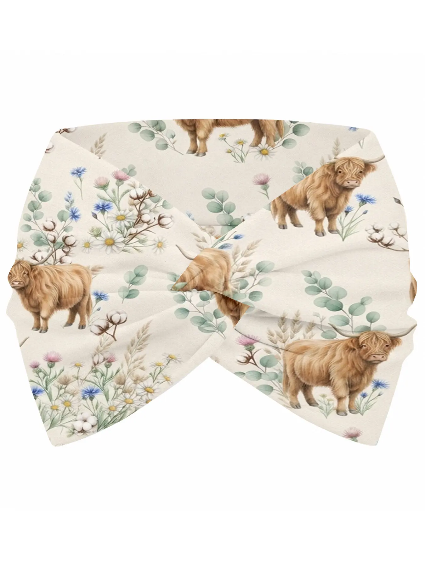 Headband for Women – Highland Cattle, Wildflowers & Eucalyptus Watercolor Motif on Cream – Ideal for Countryside Walks, Rustic Weddings, Botanical Outings & Cozy Autumn Style Looks