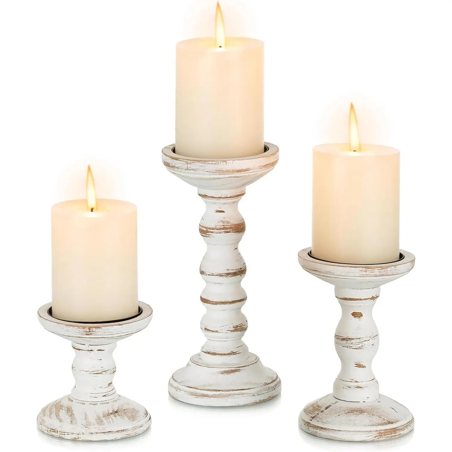 Candle Holders for Pillar Candles - Set of 3 Tall  Wooden Candlestick Holder, Rustic Candle Stand for Fireplace Mantle Shelf Table  Decor, Brown Whitewashed 3.9"/6"/ 8.3"