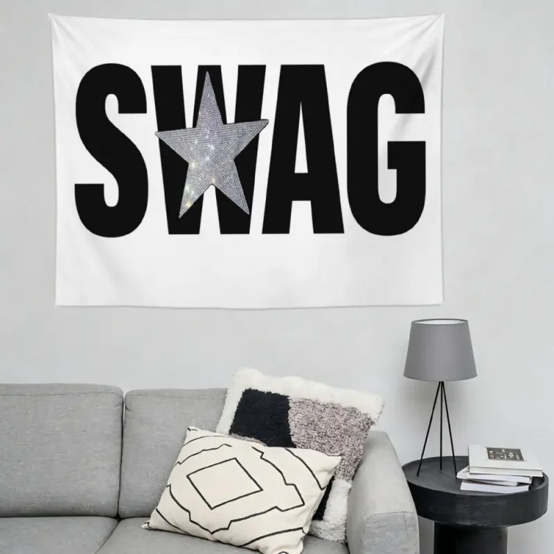 Y2K SWAG Typography Decorative Tapestry White Background Bold Black Letters Silver Glitter Star Wall Hanging Retro Streetwear Grunge Bedroom Living Room Decoration Dorm Banner