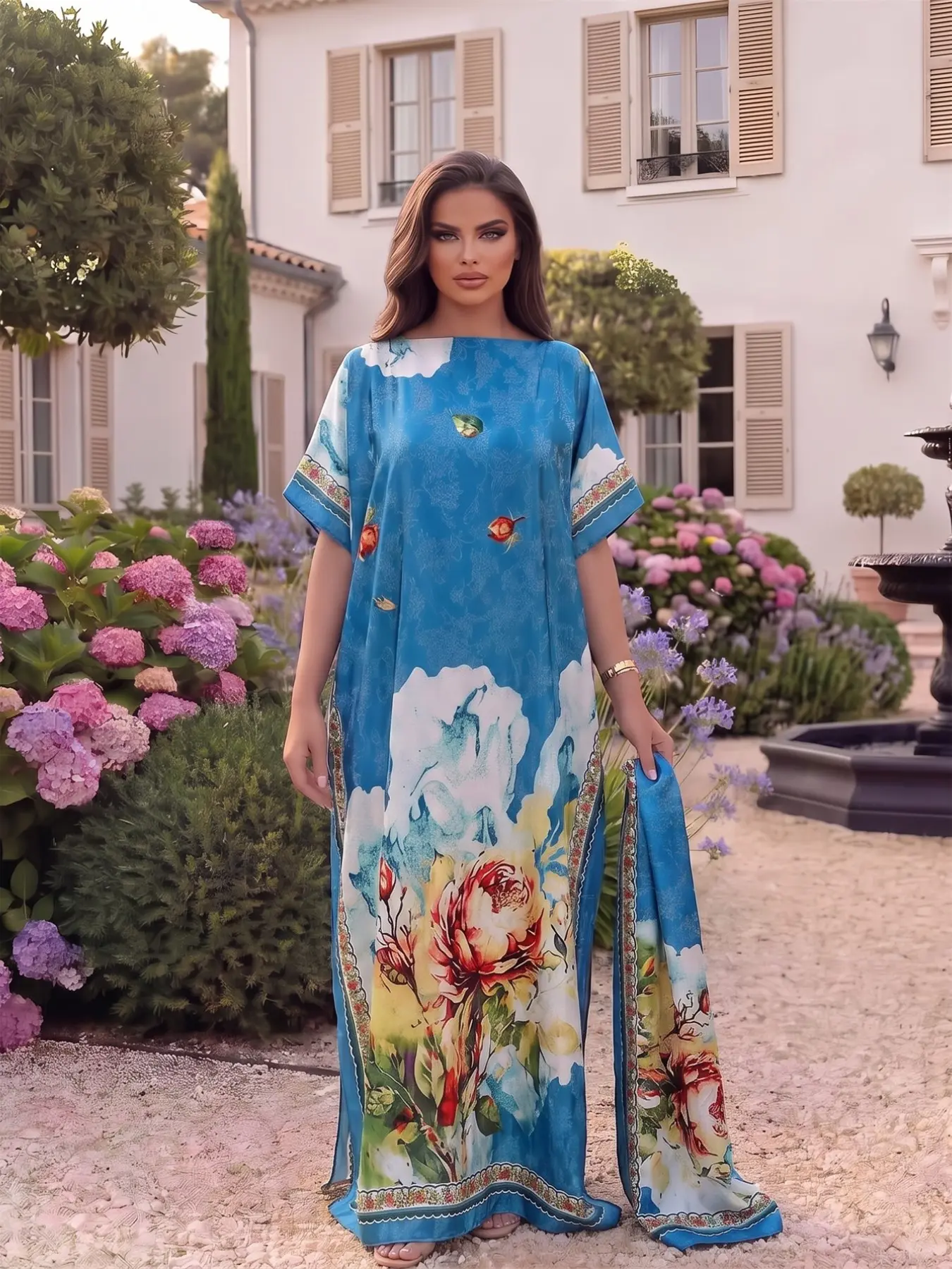Women's Vibrant Blue Oil Painting Floral Satin Abaya Set, Loose Robe and Matching Headscarf, Sun-Protection Boho Chic Resort Beachwear