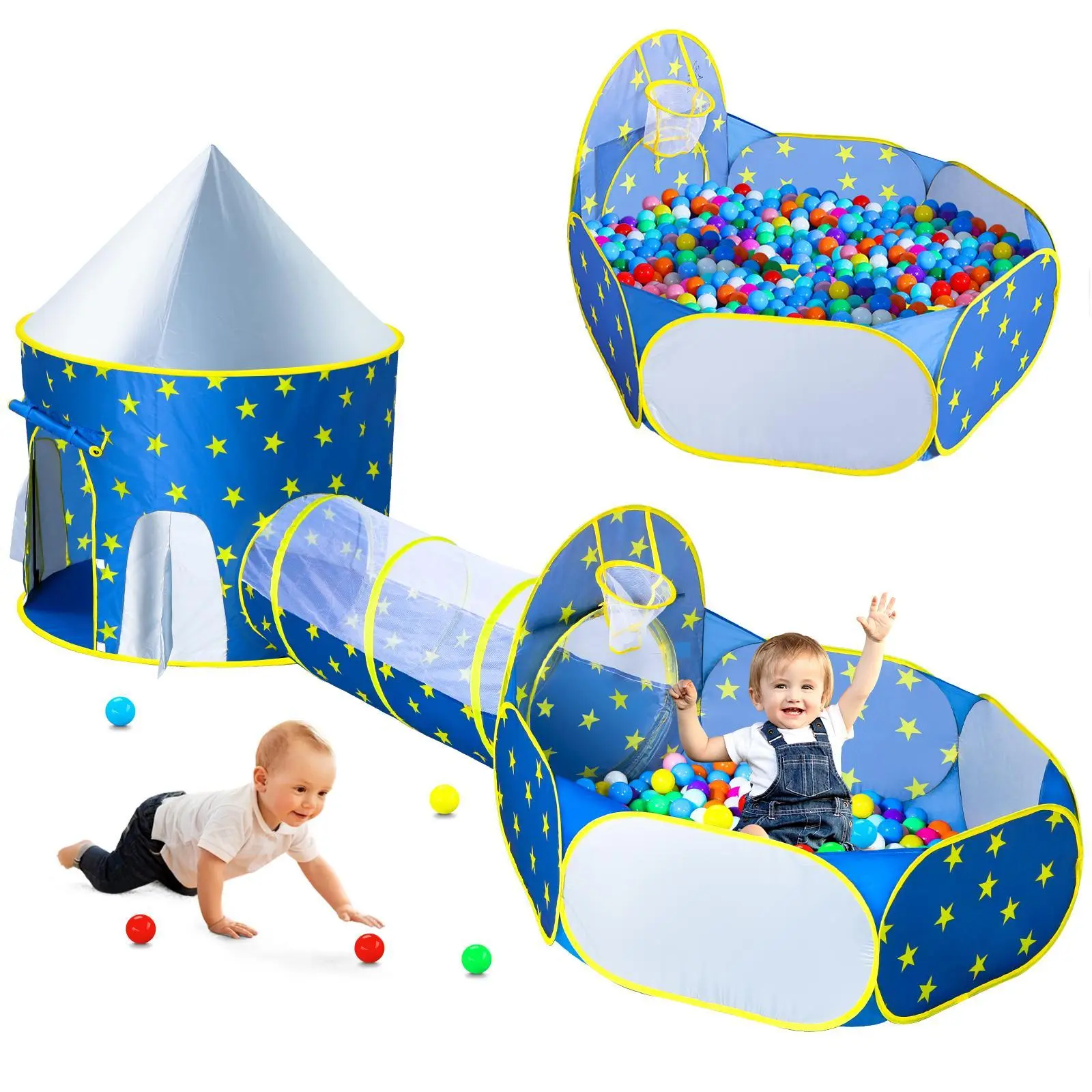 Sumbababy 3pc Kids Play Tent for Boys with Ball Pit, Crawl Tunnel, Blue Tents for Toddlers, Baby Space World Playhouse Toys, Boys Indoor& Outdoor Play House, Christmas Gifts