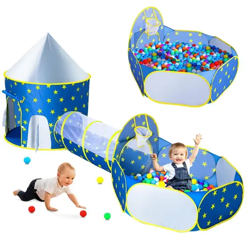 Sumbababy 3pc Kids Play Tent for Boys with Ball Pit, Crawl Tunnel, Blue Tents for Toddlers, Baby Space World Playhouse Toys, Boys Indoor& Outdoor Play House, Christmas Gifts(No balls included)