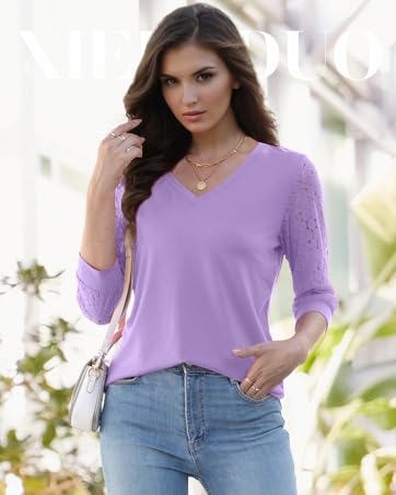 WIHOLL 3/4 Length Sleeve Womens Tops V-Neck Lace Tunic Tops Business Casual Blouses 2025 SpringStatements