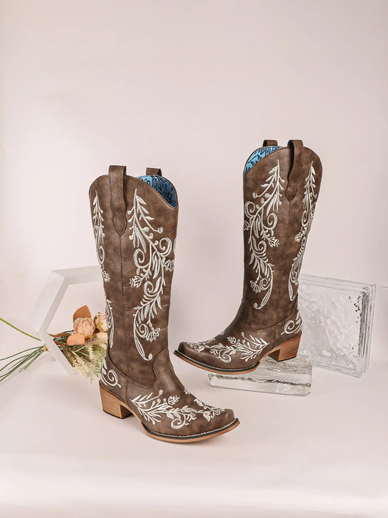 Embroidered Western Cowboy Boots for Women, Pointed Toe Thick Heel Tall Boot, Vintage Floral Embroidery Knee High Riding Boot, Cowgirl Boots Square Toe