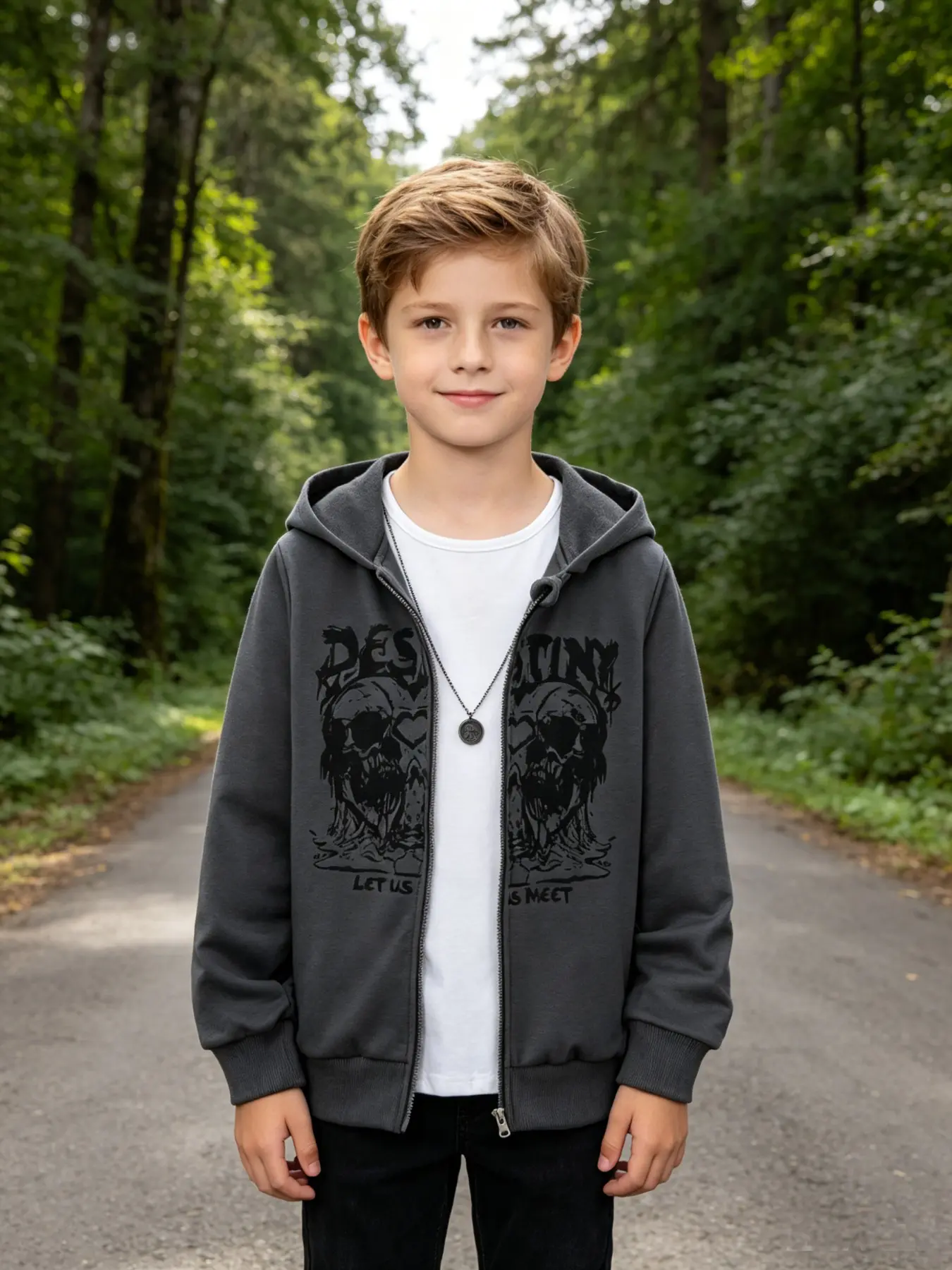 Autumn Boys' Skull Print Hooded Zipper Coat, Casual Fitted Cold-Proof Jacket for Ages 7-11, Spring & Fall Daily Wear Outerwear