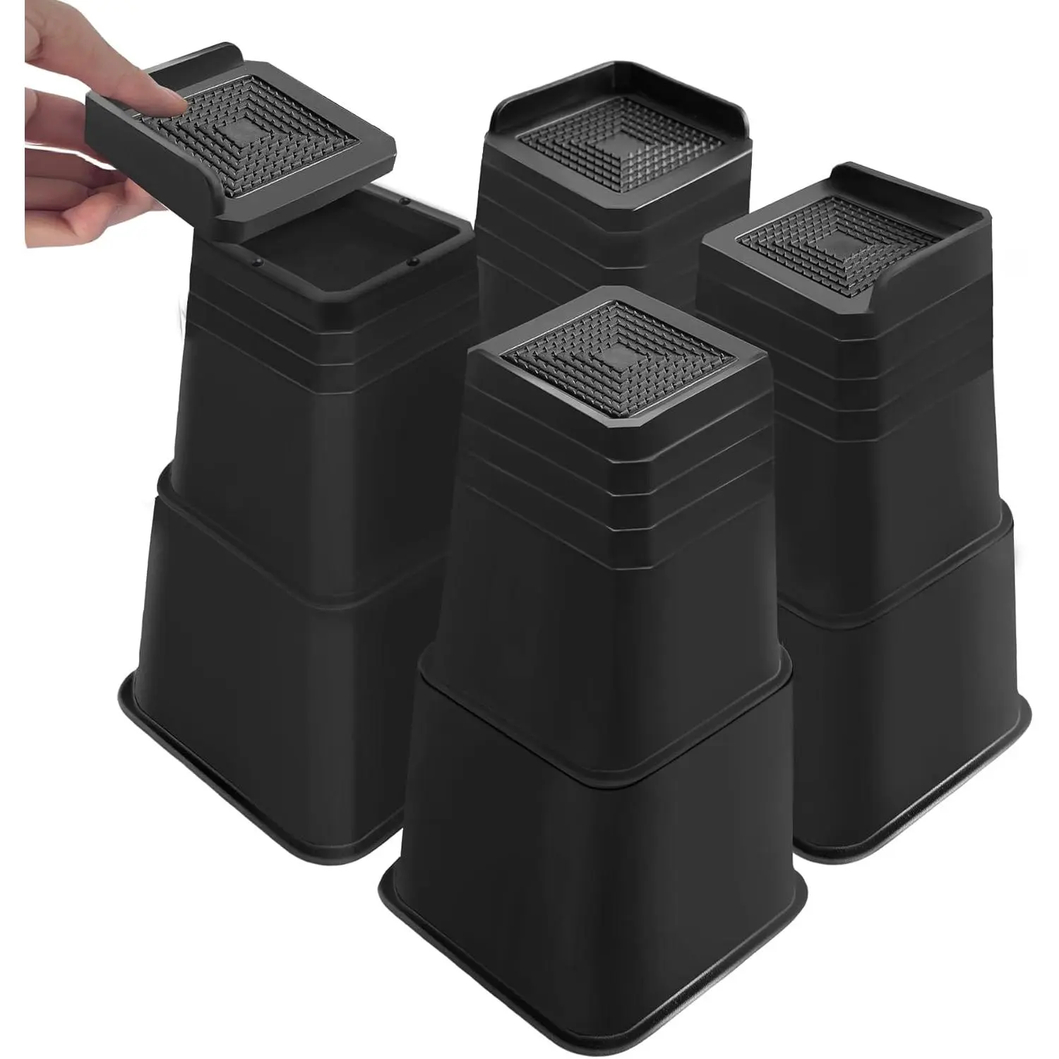 12 in Square Heavy-Duty Oversized Plastic Bed Risers, 4-Piece Set Pack Black Furniture Risers, Supports Up to 6000 Lbs for Sofa, Table, Couch, Four Pieces