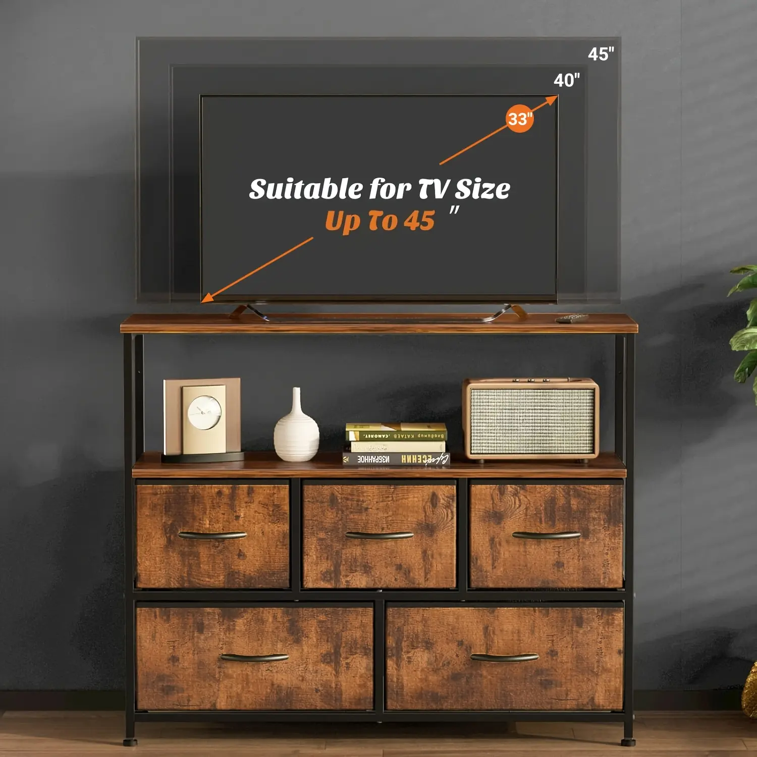 5 Drawer Cabinet Tower, Father's Day Gift, TV Stand for 45 Inch TVs, Media Console Entertainment Center with 5 Fabric Drawers & Open Storage Shelf, Dresser Cabinet for Bedroom Living Room Hallway
