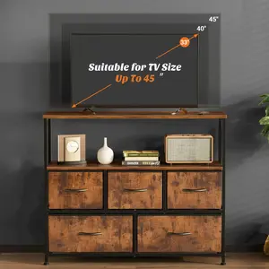 5 Drawer Cabinet Tower, Father's Day Gift, TV Stand for 45 Inch TVs, Media Console Entertainment Center with 5 Fabric Drawers & Open Storage Shelf, Dresser Cabinet for Bedroom Living Room Hallway
