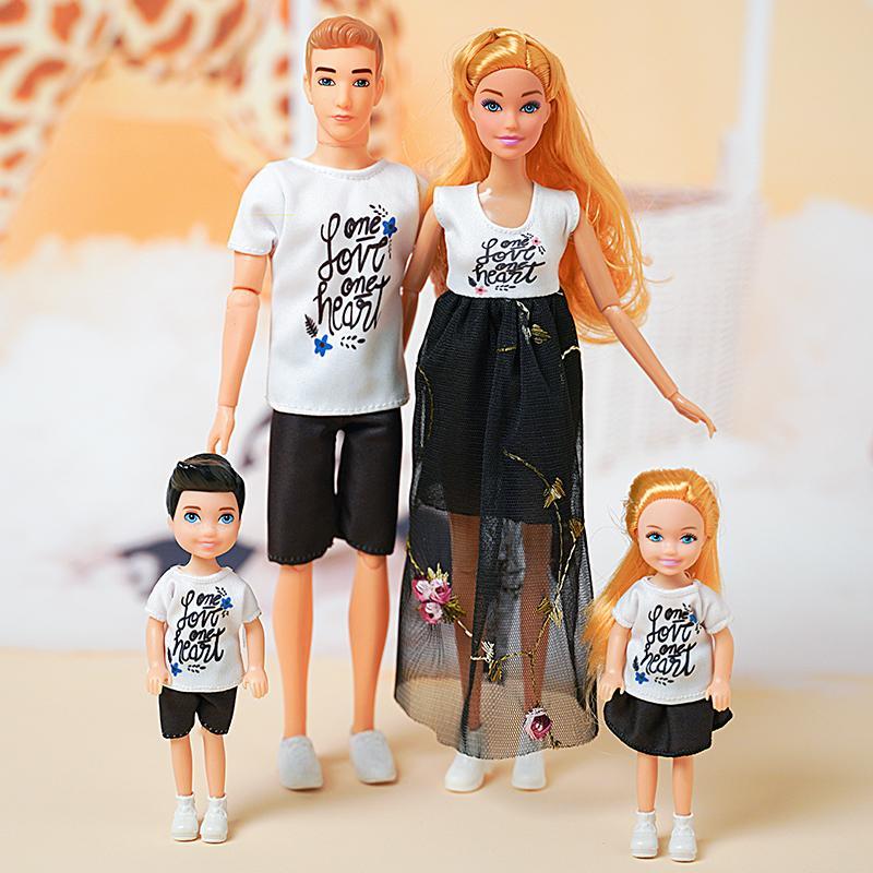 1/6 Barbi Doll Toy Family Doll Set of 4 People Mom Dad Kids 30cm Barbies Doll Full Set With Clothes for Education Birthday Gift