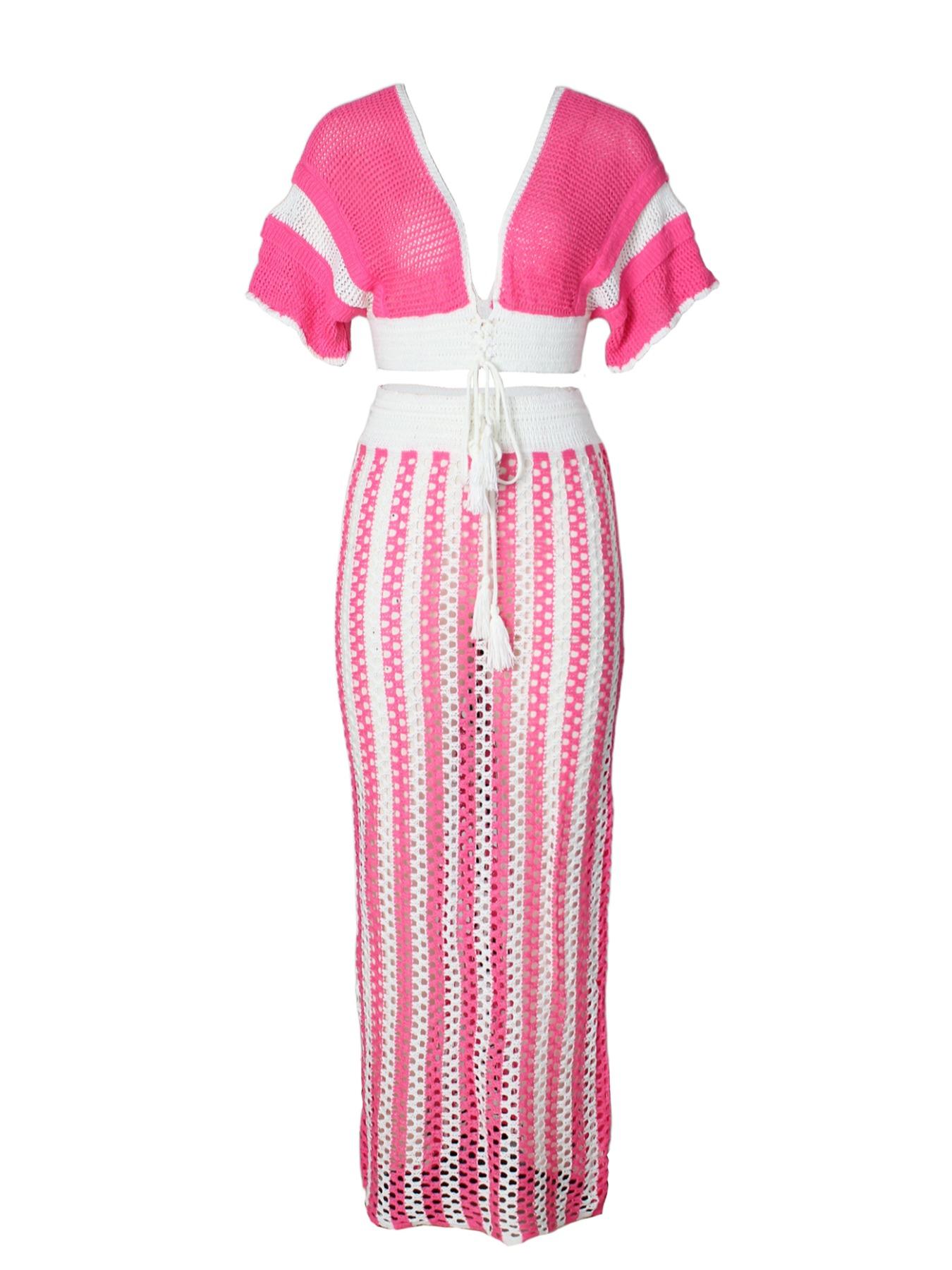 Two-piece Set Women's Colorblock Top & Striped Pattern Hollow Out Long Skirt, Casual Fashion Knitwear Set for Summer, Women's Clothing for Beach Vacation, Outfit Clothe Matching Skirt Set