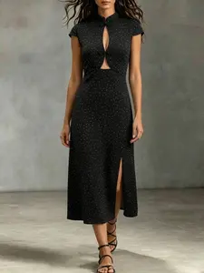 Spring Summer Casual Polka Dot Qipao Dress, Midi Split Thigh, Cap Sleeve, Elegant Chinese Style, Slim Fit, Perfect for Beach Holidays