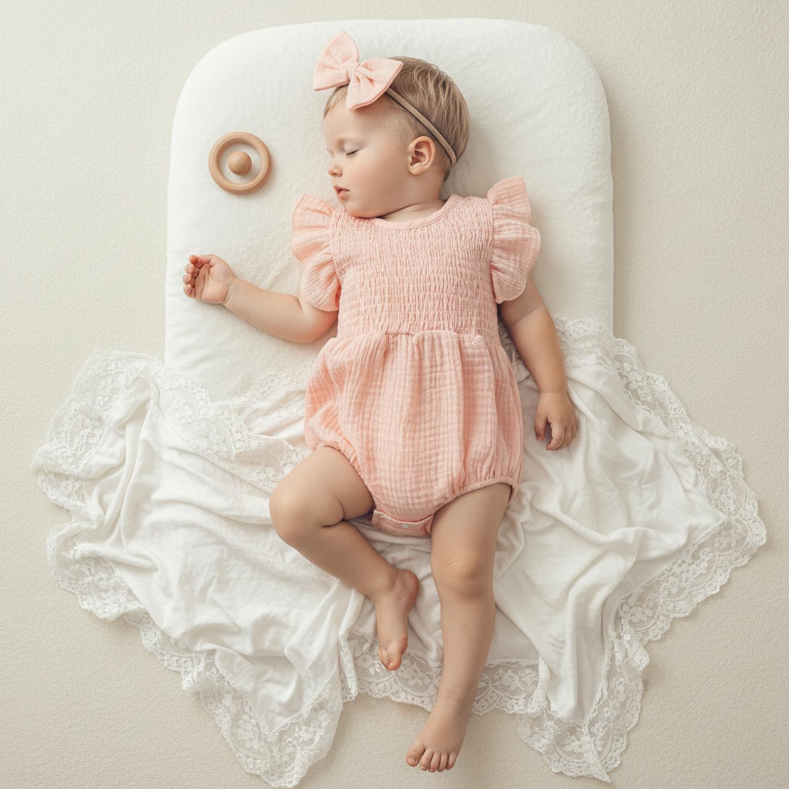 Newborn Baby Girl Romper Ruffle Sleeve Solid Smocked Bubble Romper Jumpsuit Bow Headband Cute Infant Summer Clothes