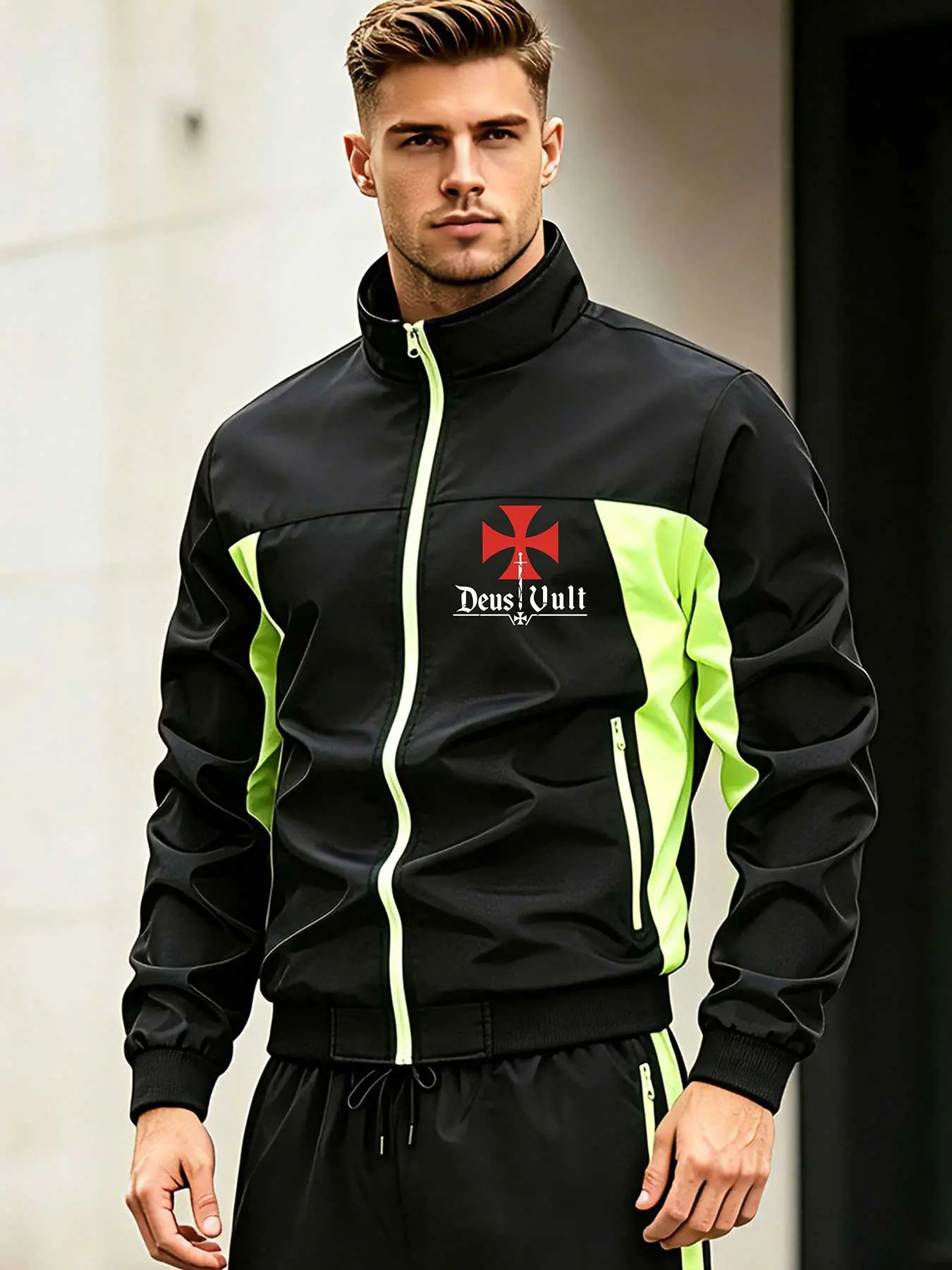 Men's Colorblock Casual Jacket, Lightweight Durable, Spring Fall Wear, Zip Pockets, Deus Vult Design, Commute, Outdoor, Leisure