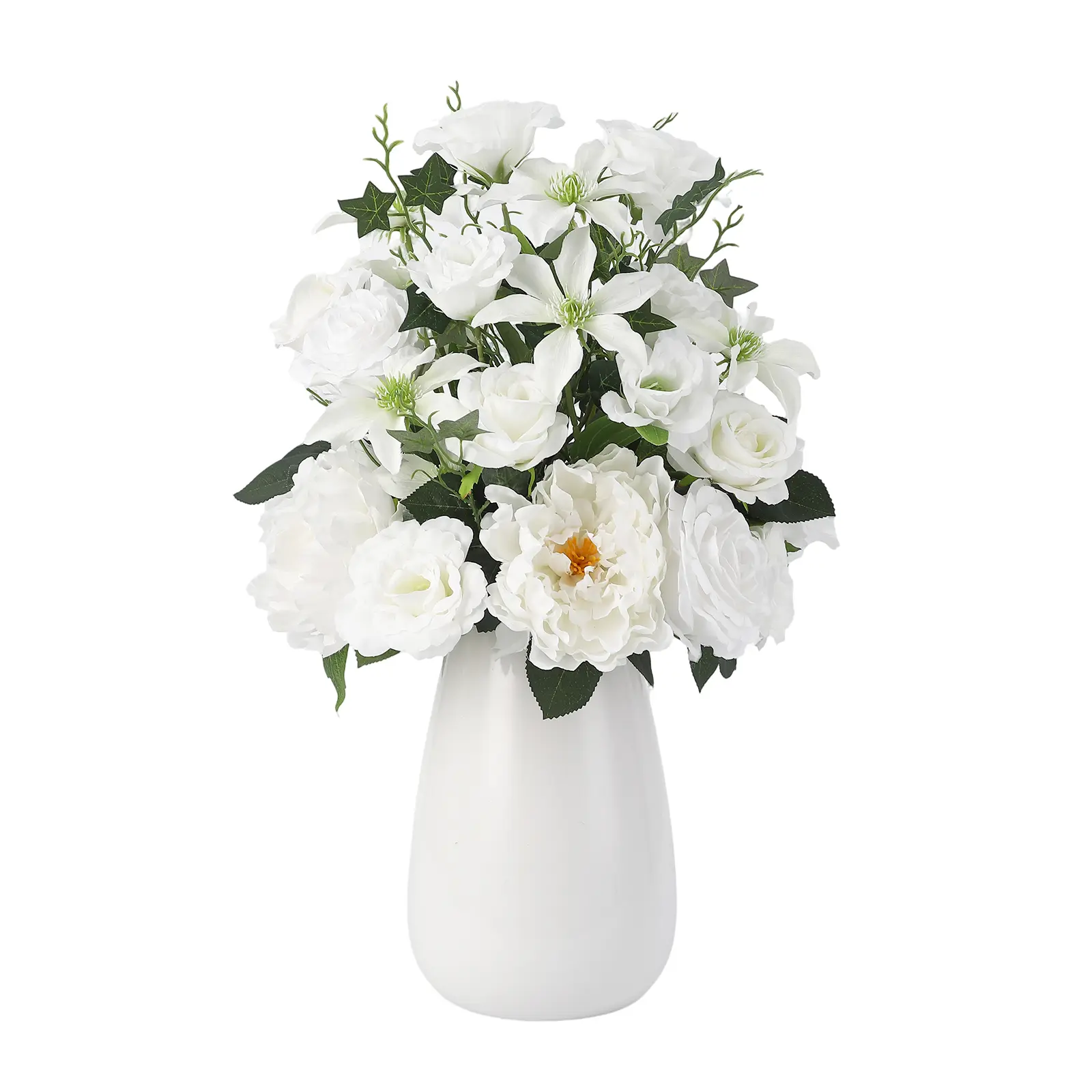 Realistic Artificial White Roses & Peonies Arrangement in Ceramic Vase – Faux Flowers with Bendable Stems – Elegant Silk Floral Centerpiece