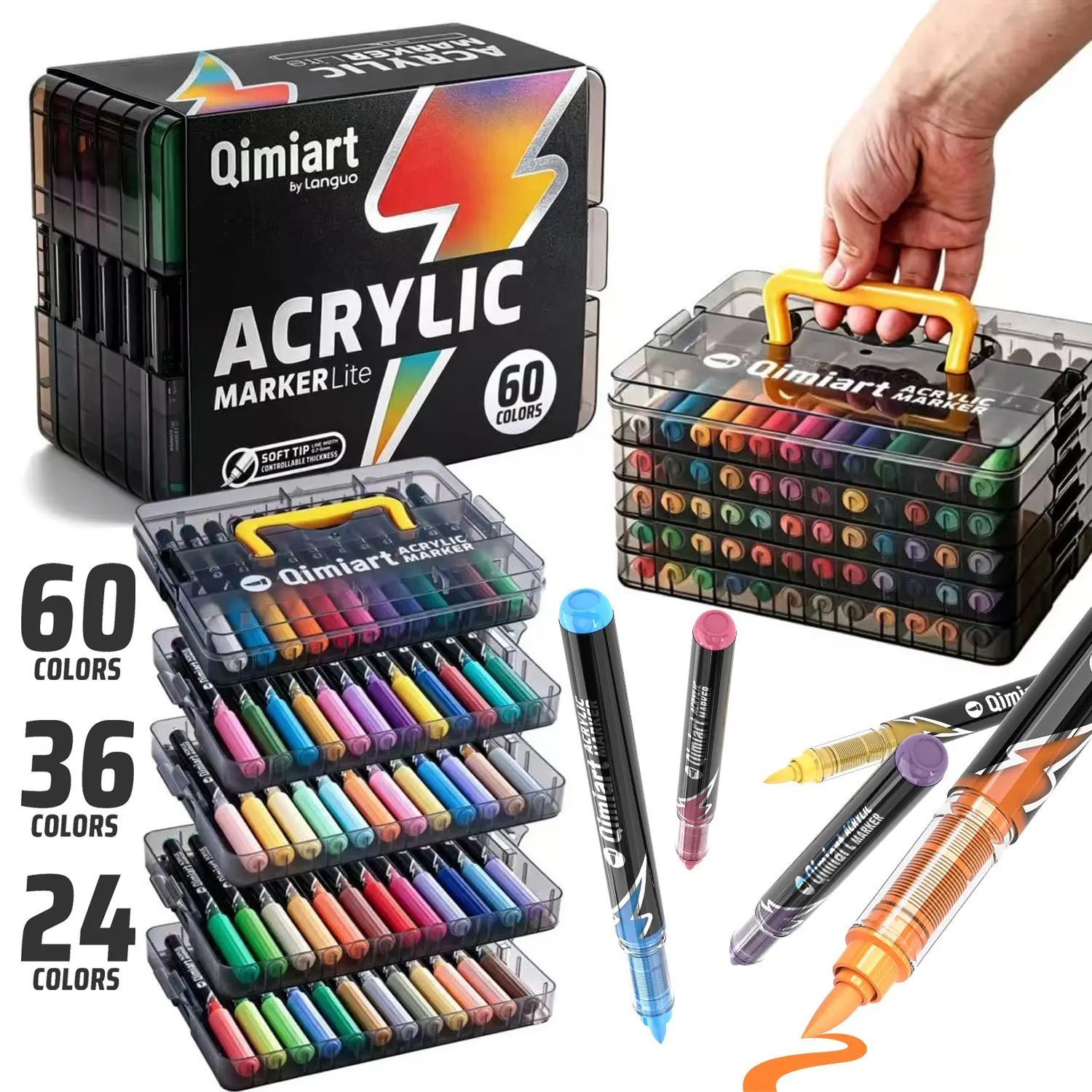 Qimiart 60/36/24 Color Liquid Acrylic Markers Set, Soft Tip, Non-Permeable, Strong Coverage, DIY Art Supplies, Gift for Kids