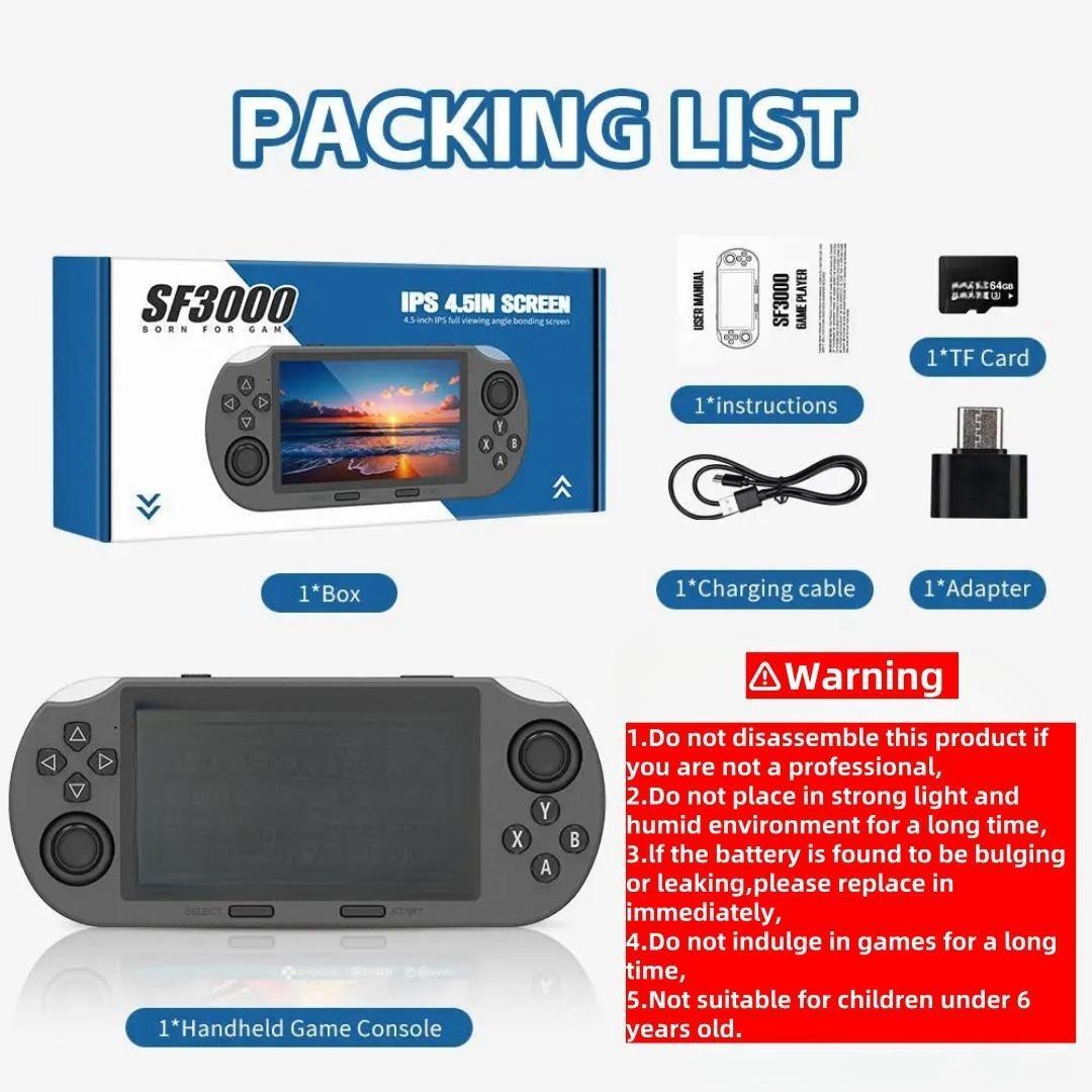 SF3000 Retro Handheld Game Console with 4.5 Inch IPS Screen 3000mAh Battery & 64GB TF Card for Boys Gift Gaming & accessories  game Cables cool gadgets boys Box Compact game console retro game consoles gamer gifts for him portable retro game console