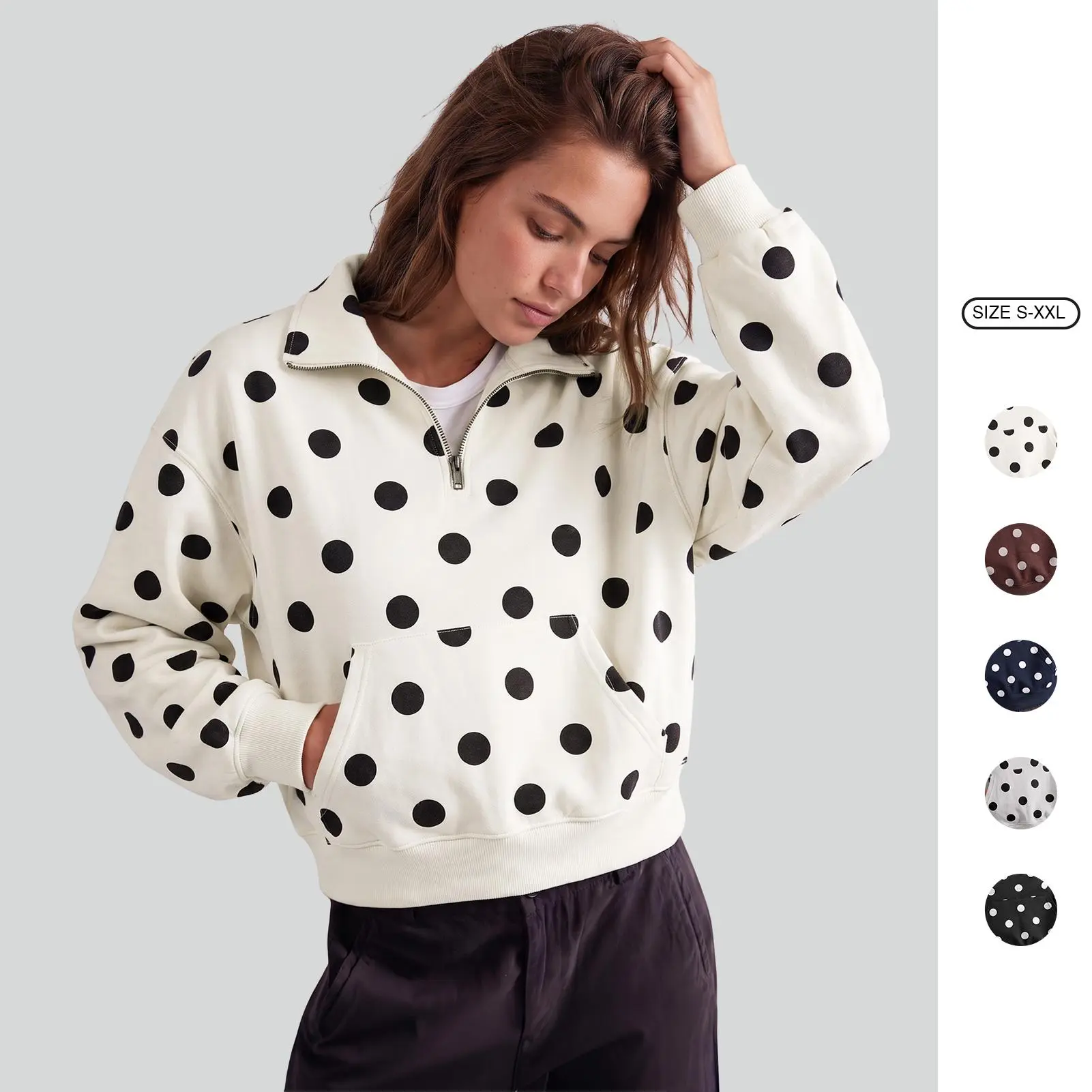Imily Bela Fashion Polka Dot Sweatshirt for Women Oversized Drop Shoulder Long Sleeve Crew Neck Pullover Top Cozy Fleece Lined Casual Street Style
