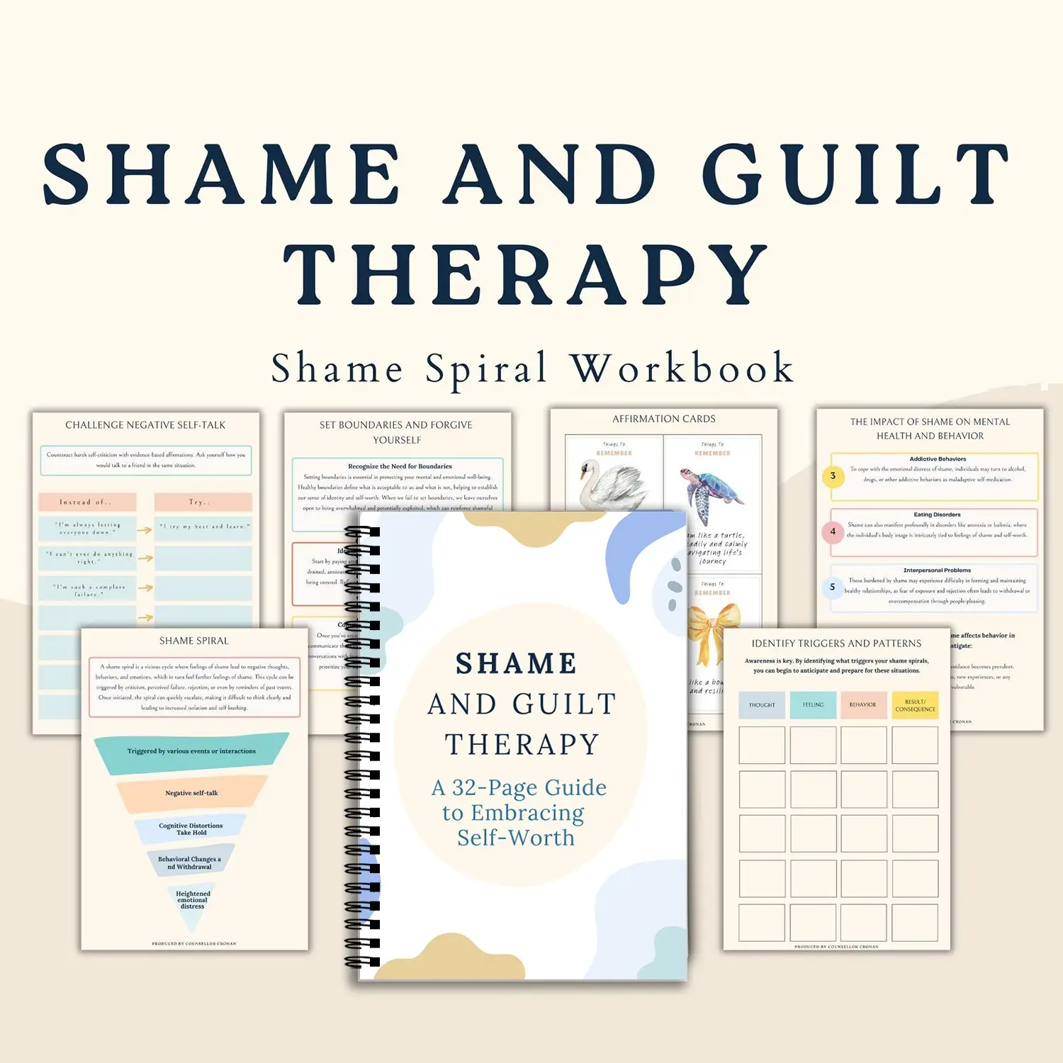 Shame and Guilt Theme Psychology Workbook, 32 Pages, Shame Spiral Diagram, Negative Thinking Challenges, Boundary Setting, Self-Confidence Practice Notebook