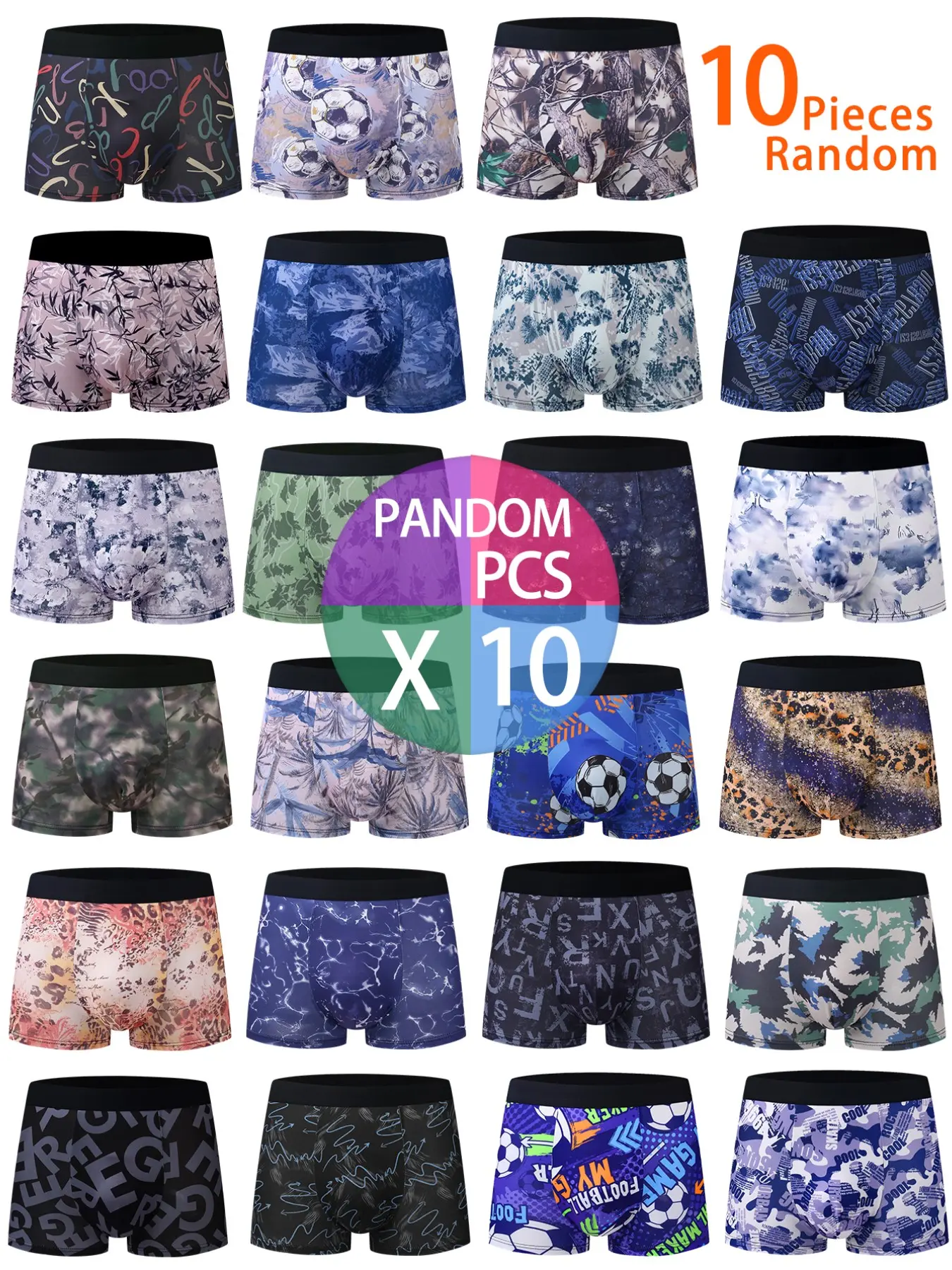 10 Pcs Random Pack Men's Boxer Briefs Set, Geometric Print, Casual Slim-Fit, High Elasticity, All-Season Underwear, Youth Fashion